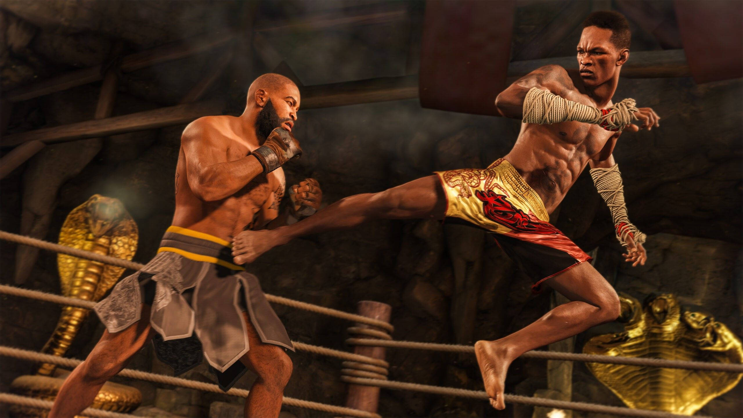 UFC 桌布 壁紙 — 兩名肌肉發達的拳手在一個粗糙的擂台上激烈交鋒，金色眼鏡蛇雕像在繩索兩側，燈光效果戲劇性。
