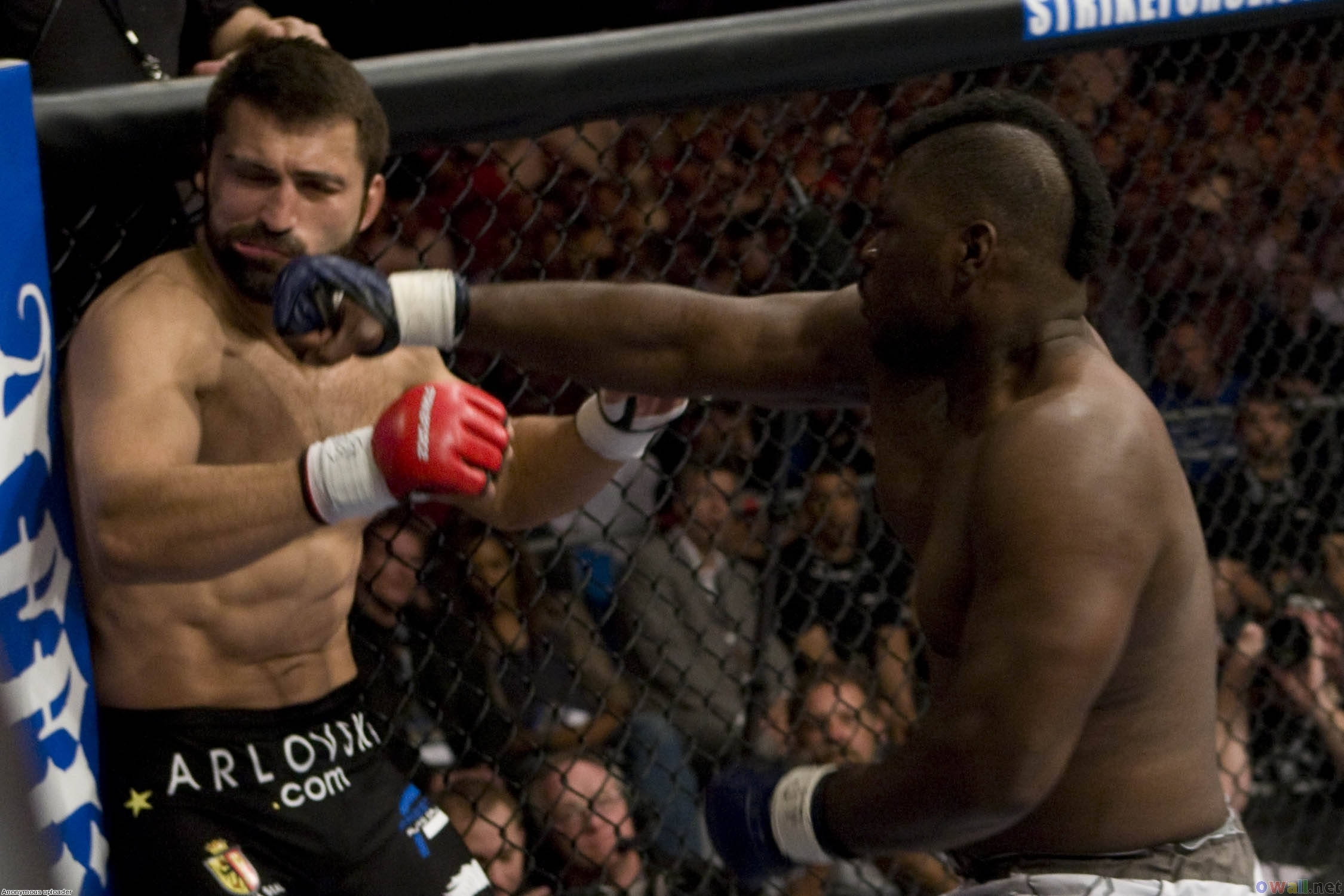 UFC 桌布 壁紙 — 兩名肌肉發達的拳手在八角籠內進行激烈的MMA比賽，模糊的人群在觀看。