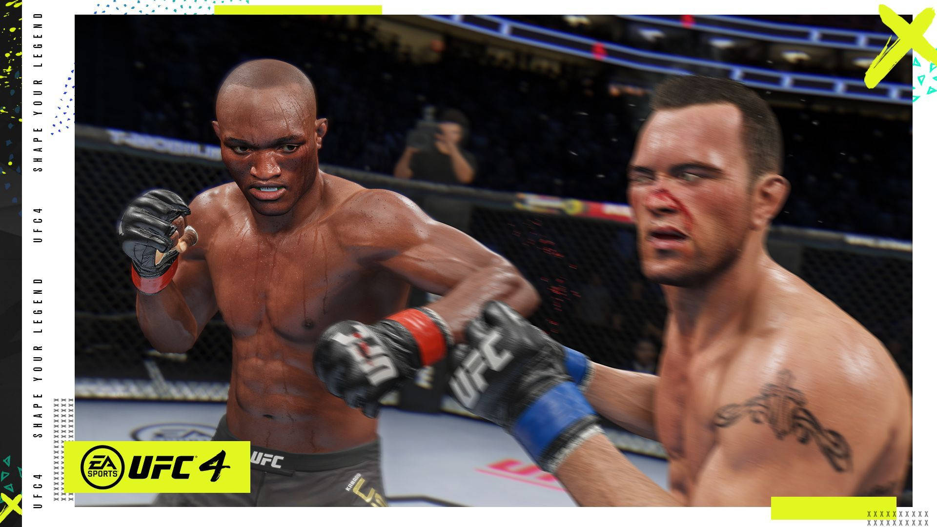 UFC 桌布 壁紙 — 兩名肌肉發達的拳手在明亮的場館燈光下，於激烈的UFC 4八角籠比賽中交鋒。