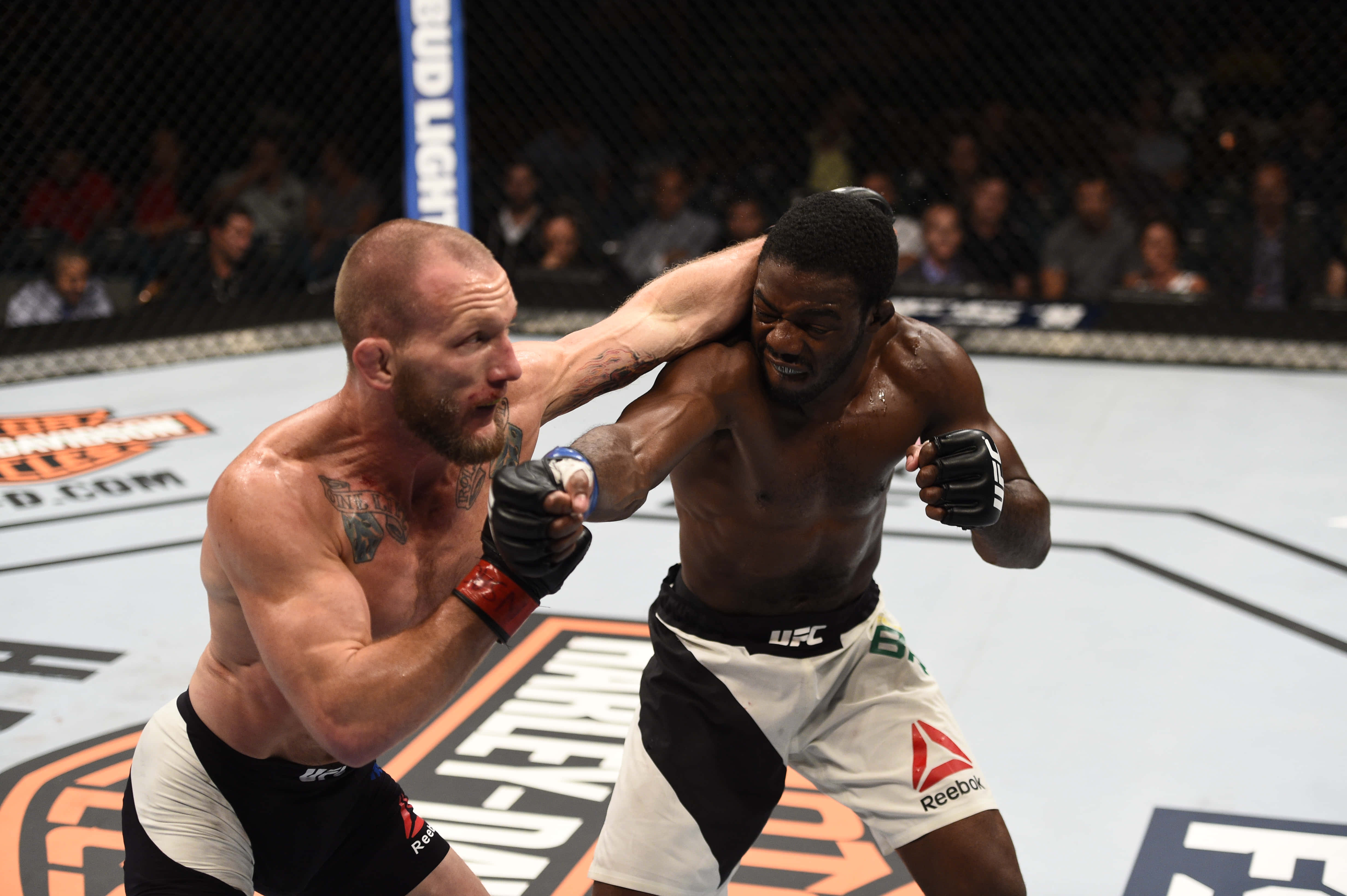Fight 桌布 壁紙 — 兩名肌肉發達的拳手在明亮的場館燈光下於UFC八角籠中激烈纏鬥。