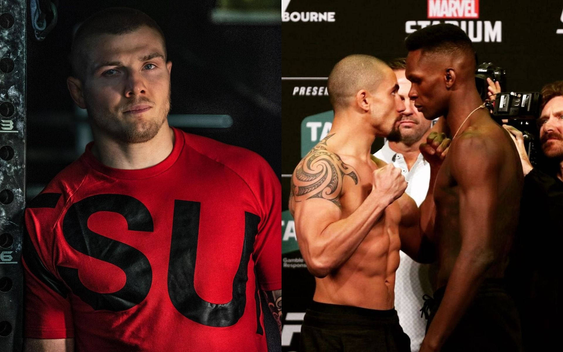 UFC 桌布 壁紙 — 兩名肌肉發達的拳手在明亮的燈光和閃爍的相機下，進行緊張的賽前對峙。