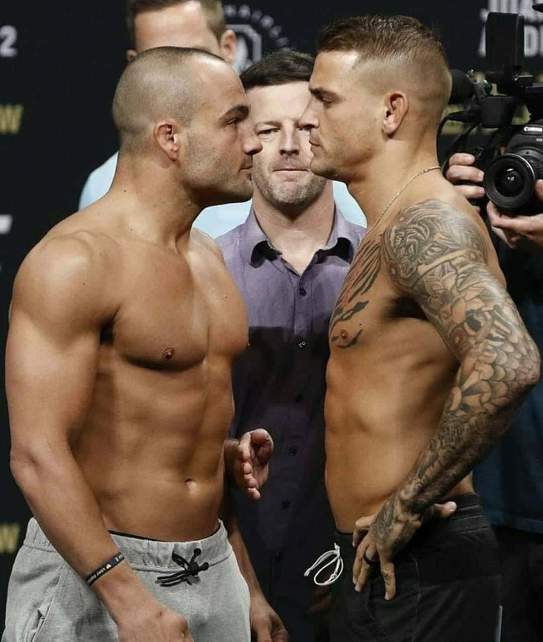 UFC 桌布 壁紙 — 兩名肌肉發達的拳手在明亮的競技場燈光下，面對面進行緊張的賽前對峙。