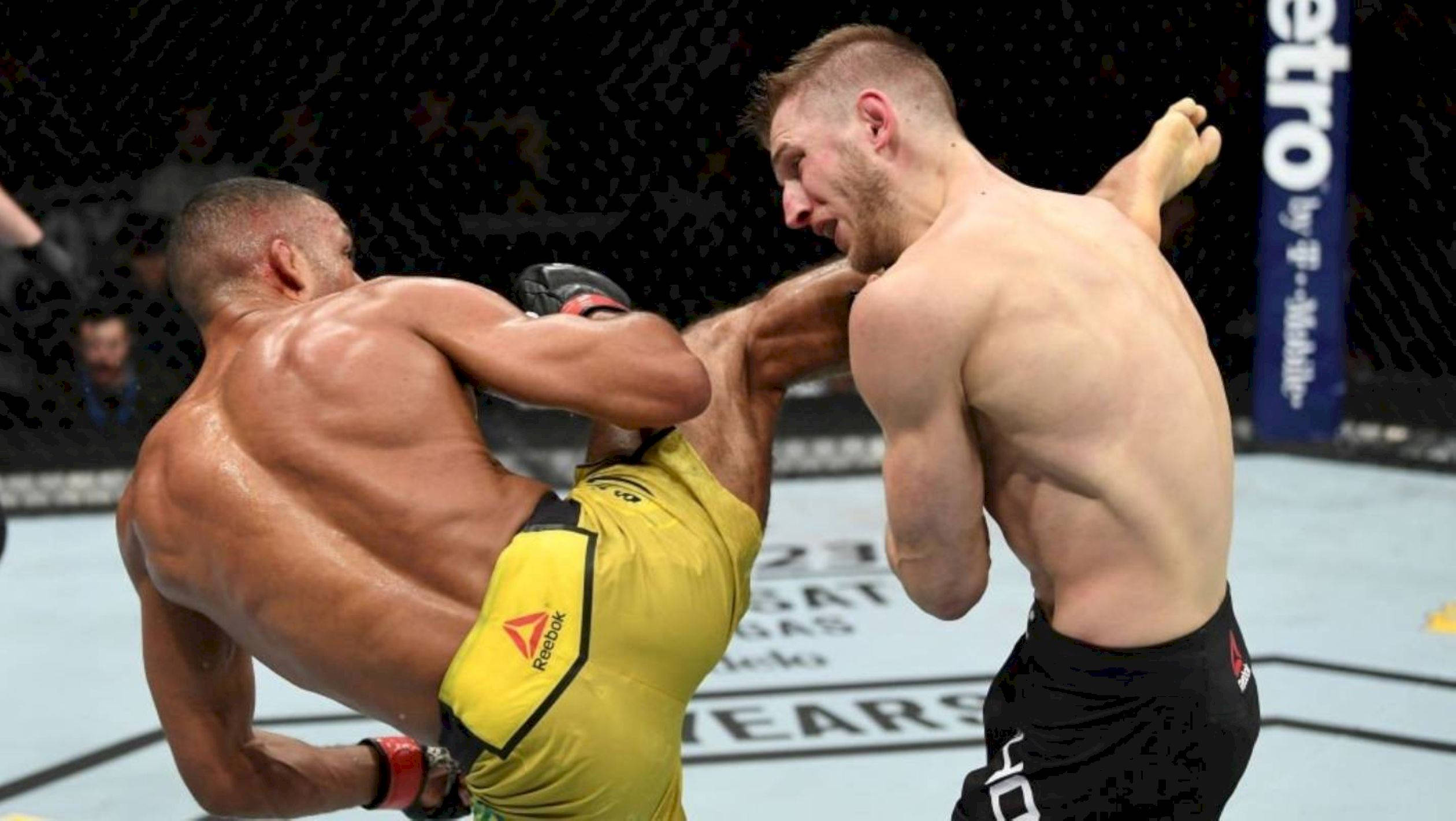 MMA 桌布 壁紙 — 兩名肌肉發達的拳手在燈光璀璨的MMA八角籠中激烈纏鬥，背景可見品牌標誌和人群。