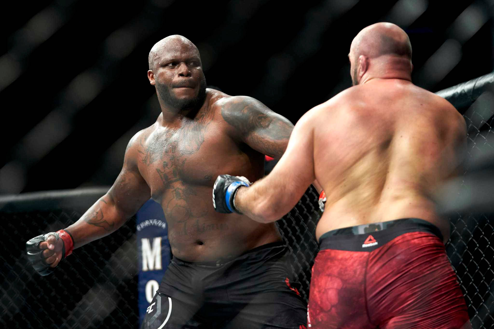 MMA 桌布 壁紙 — 兩名肌肉發達的拳手在籠中交鋒，身上有刺青，穿著紅色短褲，在明亮的場館燈光下。