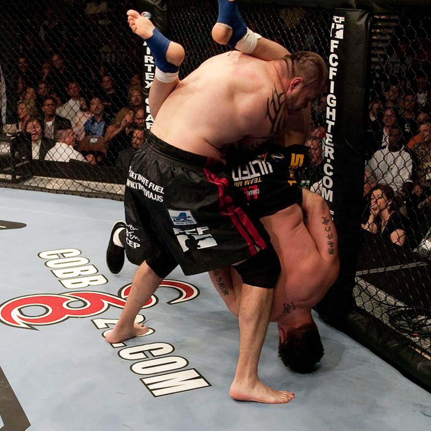 MMA 桌布 壁紙 — 兩名肌肉發達的拳手在綜合格鬥籠中激烈纏鬥，周圍有歡呼的觀眾觀看。