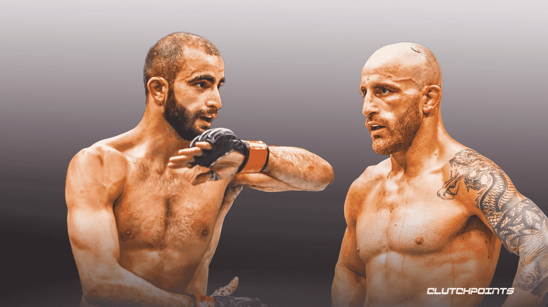 UFC 桌布 壁紙 — 兩名肌肉發達的拳手在緊張的MMA對峙中面對面，汗水在皮膚上閃閃發光，表情激烈。