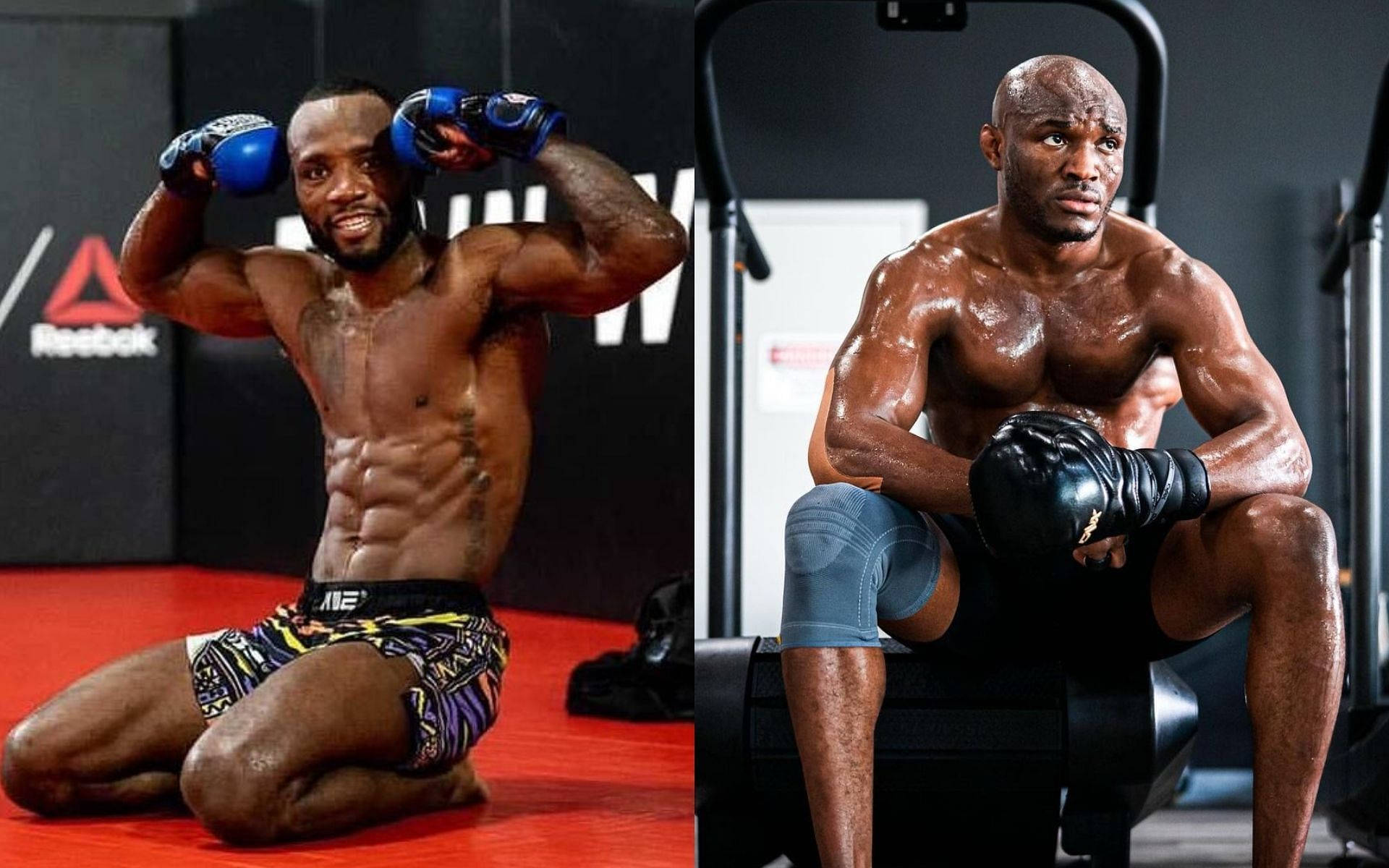 MMA 桌布 壁紙 — 兩名肌肉發達的拳手穿著健身裝備，一人跪在紅色墊子上，另一人坐在器材上，兩人都汗流浹背，姿勢充滿力量。