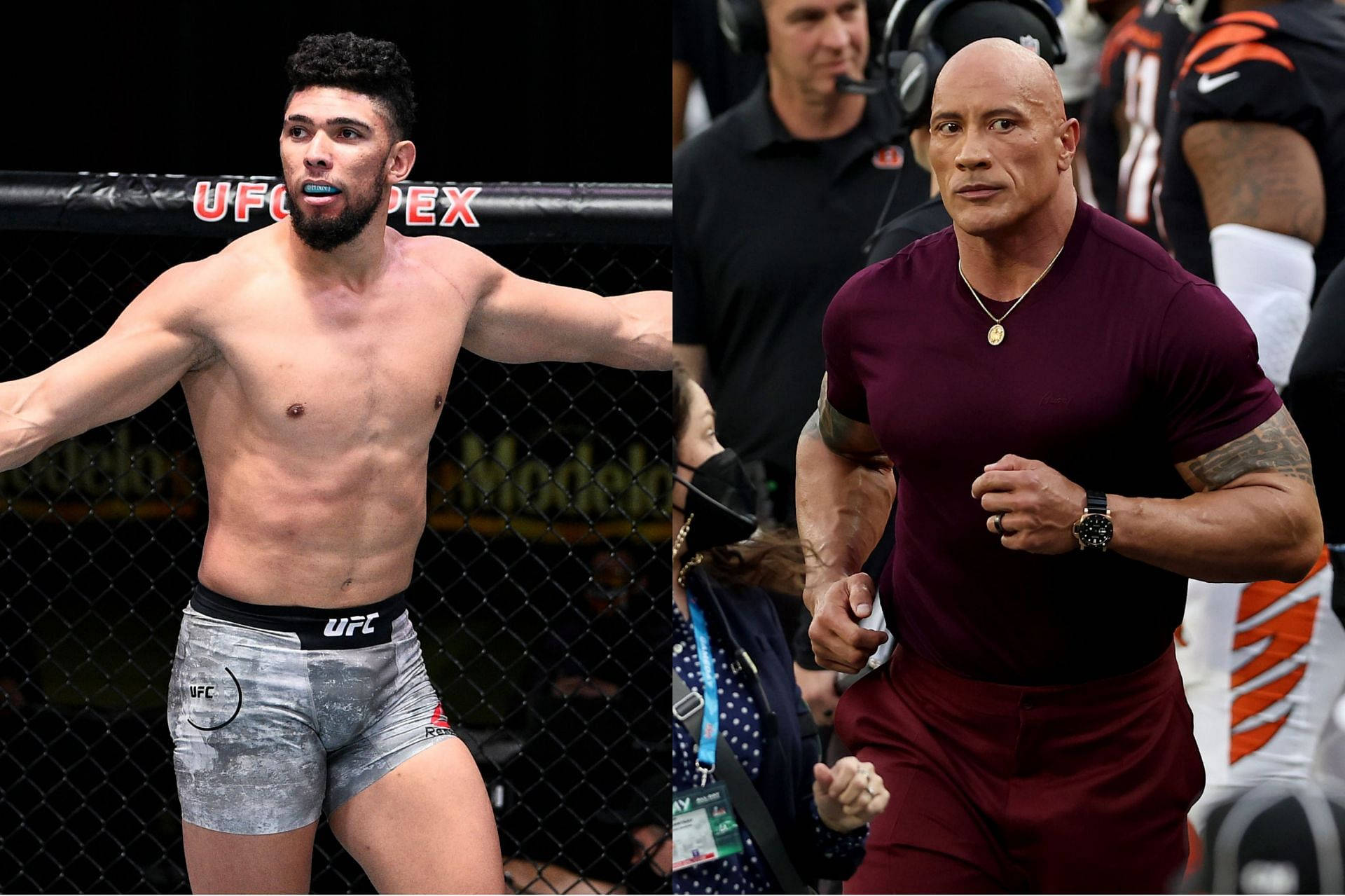The Rock 桌布 壁紙 — 兩名肌肉發達的拳手穿著格鬥運動裝備，在分屏的UFC八角籠和體育場場景中自信地擺姿勢。