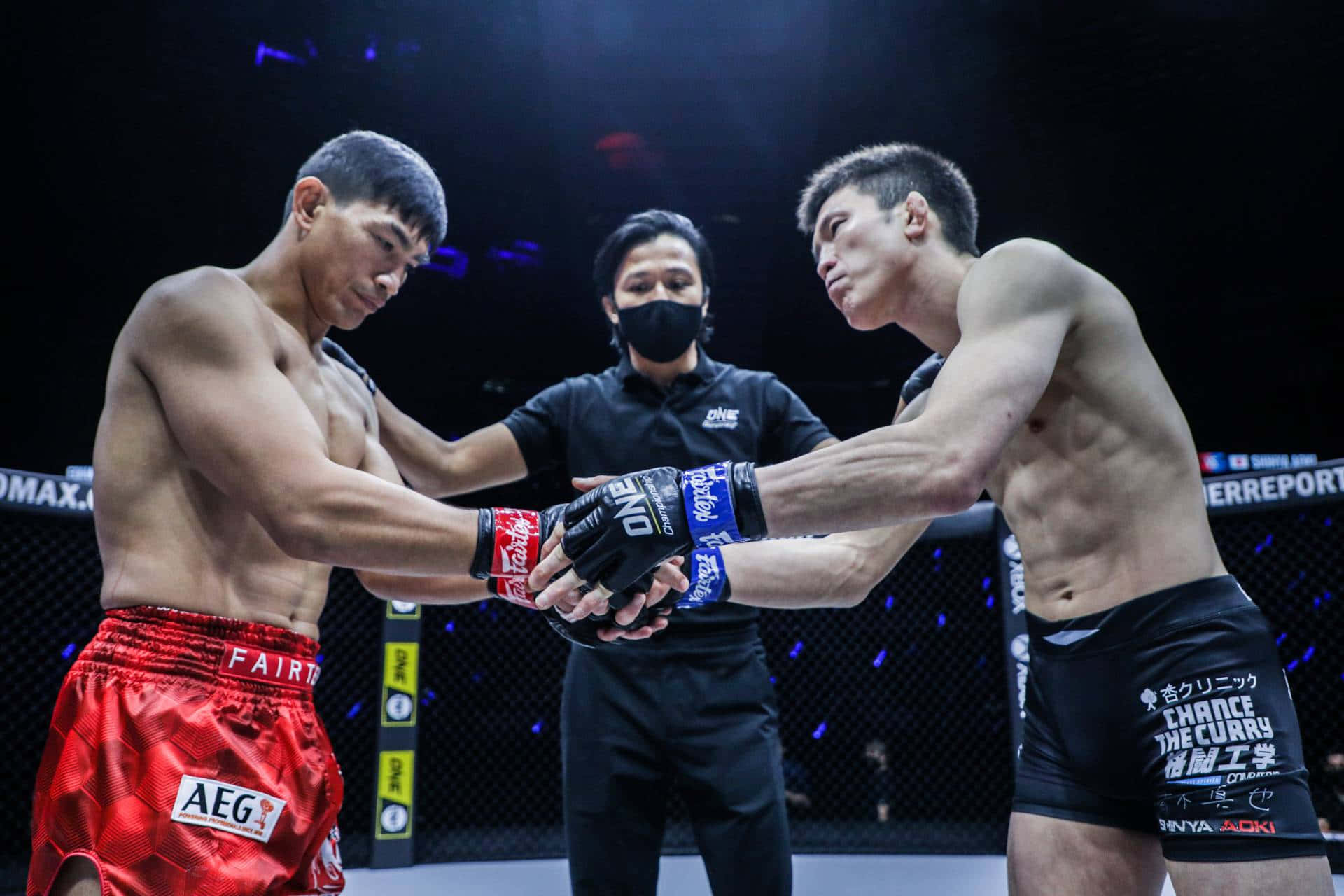martial arts 桌布 壁紙 — 兩名肌肉發達的拳手穿著紅色和黑色短褲，在裁判的注視下於昏暗的MMA籠中鎖住手套。