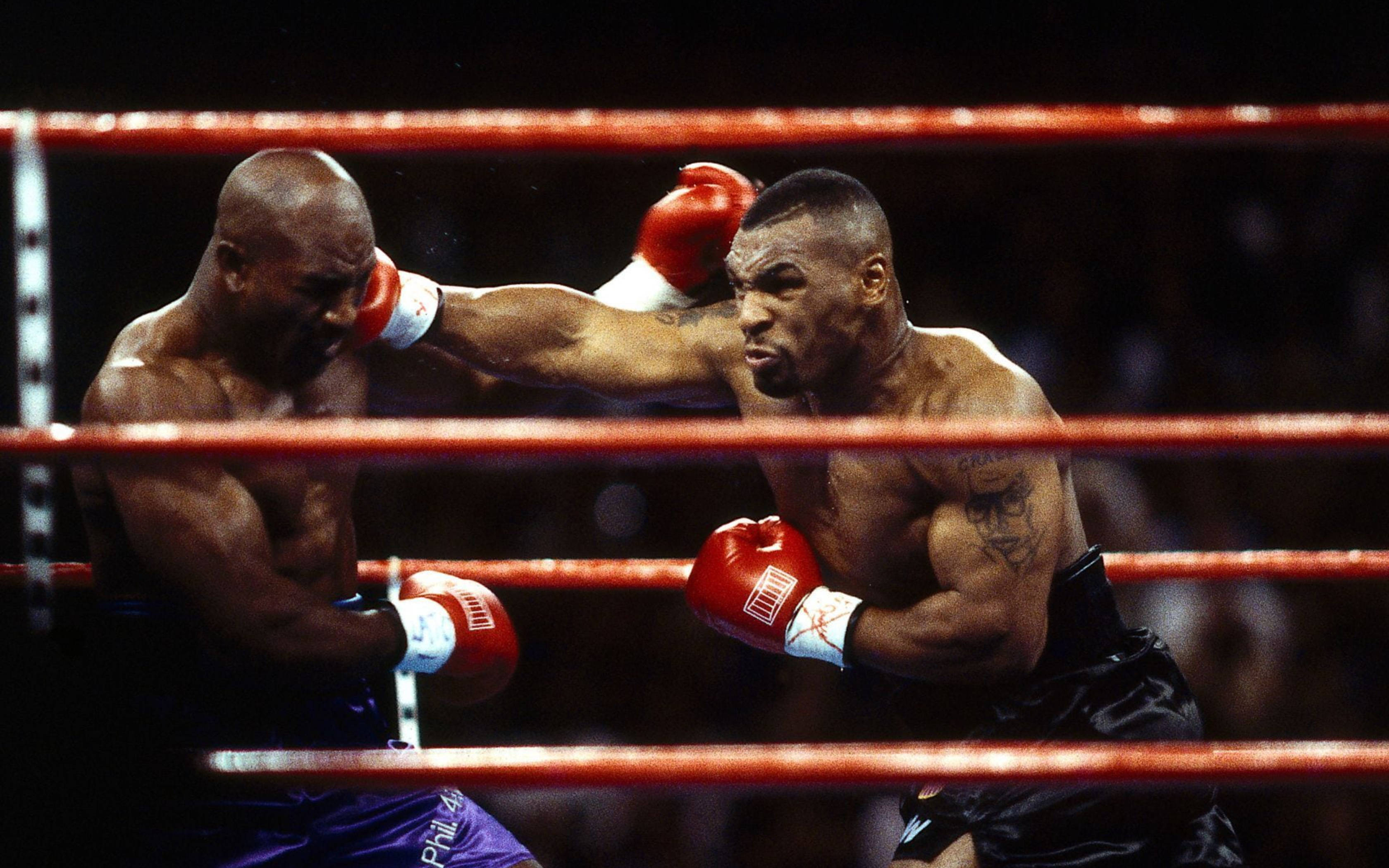 Boxing 桌布 壁紙 — 兩名肌肉發達的拳擊手在燈光昏暗的擂台上交鋒，其中一人向對手的臉部重重揮出一拳。