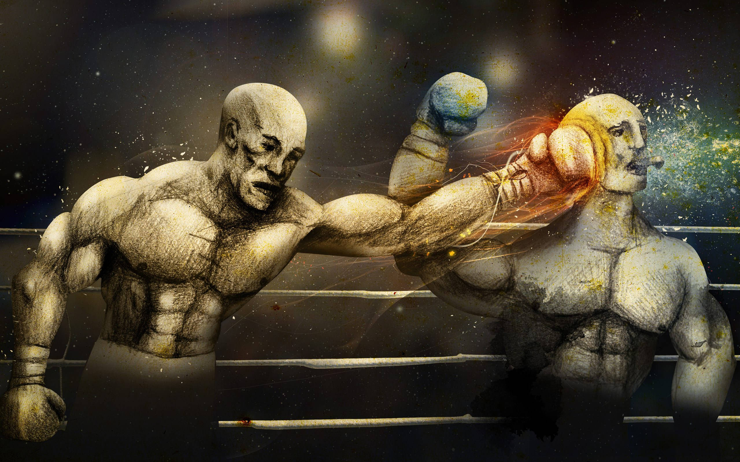 Boxing 桌布 壁紙 — 兩名肌肉發達的拳擊手在粗糙的擂台上碰撞，拳頭發光，宇宙火花四濺。