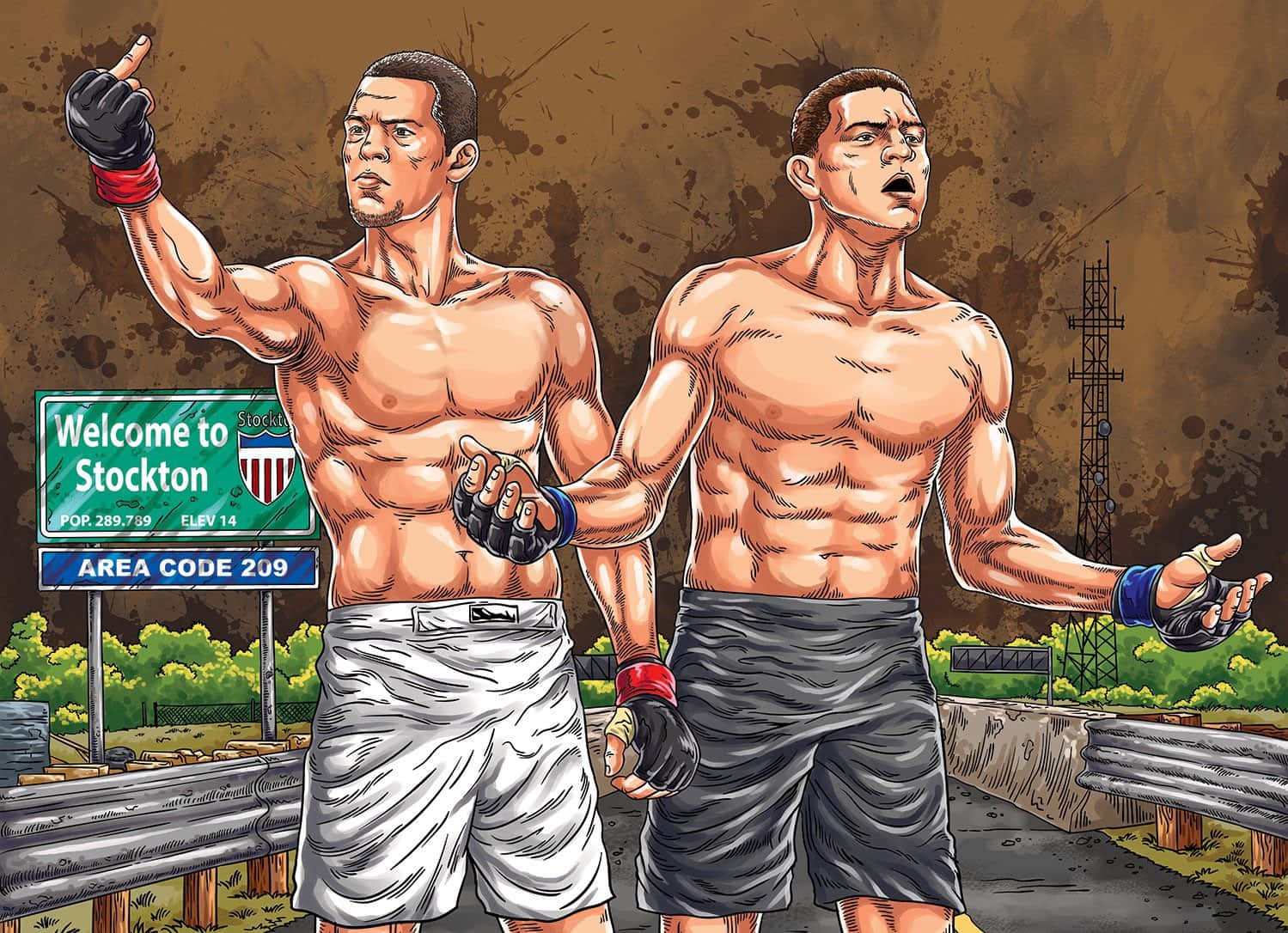 artwork 桌布 壁紙 — 兩名肌肉發達的拳擊手戴著手套和短褲，在灰濛濛的棕色天空下，勝利地站在斯托克頓歡迎標誌旁。