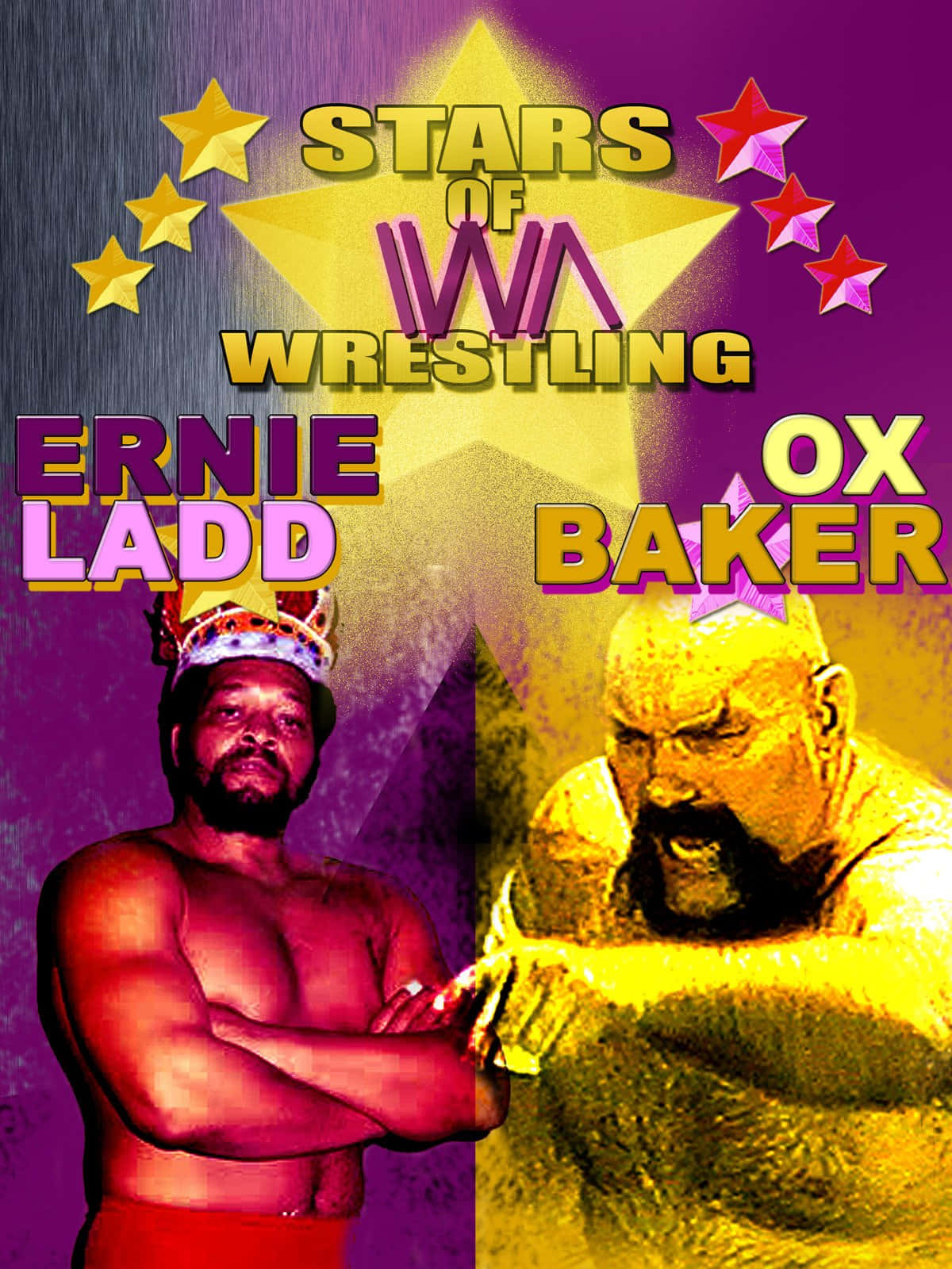 摔角 桌布 壁紙 — 兩名肌肉發達的摔角手 Ernie Ladd 和 Ox Baker 在 IWA Wrestling 的星爆標誌下，以鮮豔的紫色和黃色背景戲劇性地擺姿勢。