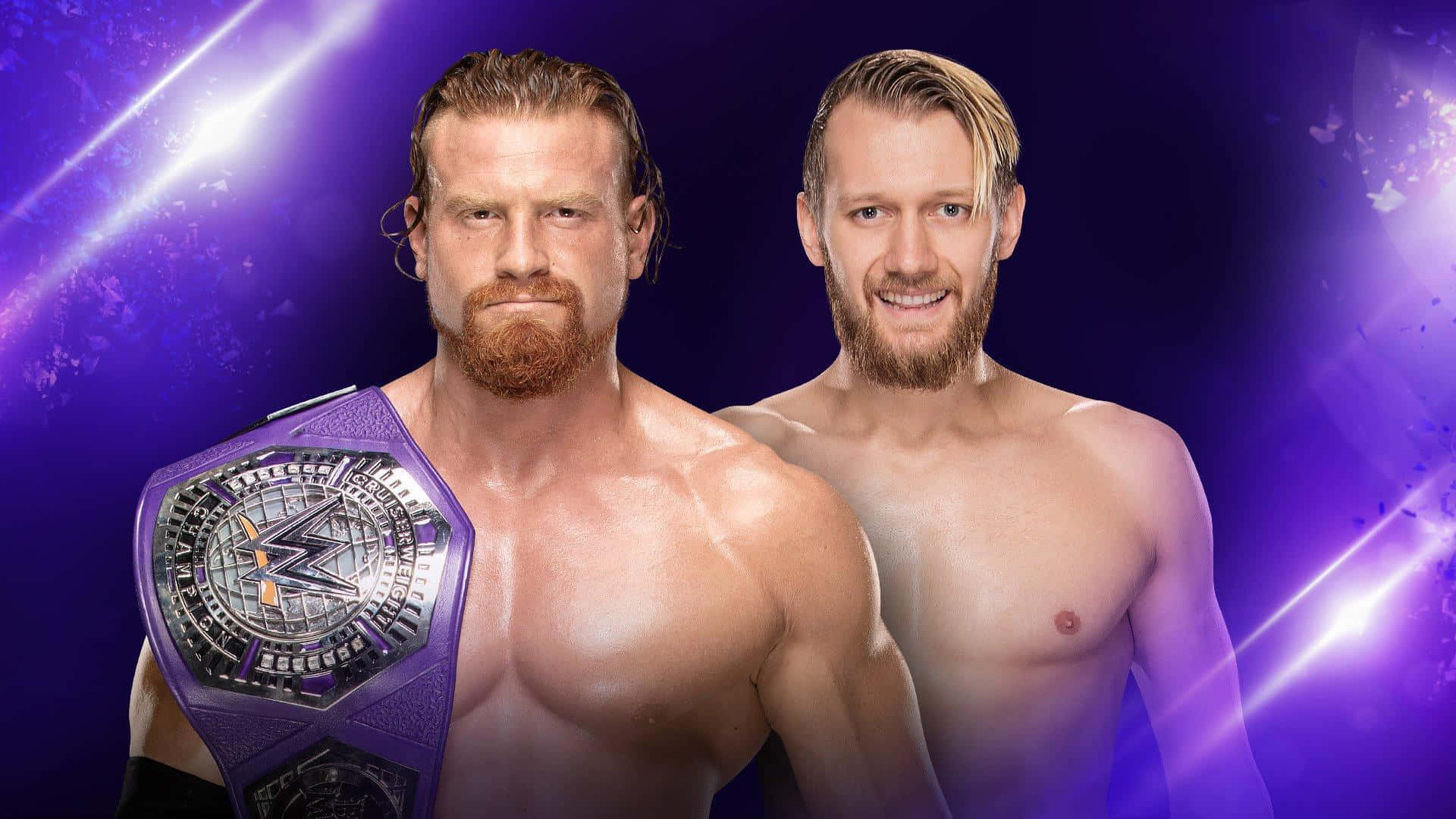 WWE 桌布 壁紙 — 兩名肌肉發達的摔角手在充滿活力的紫色背景前自信地擺姿勢，背景帶有發光的光條，其中一人手持冠軍腰帶。