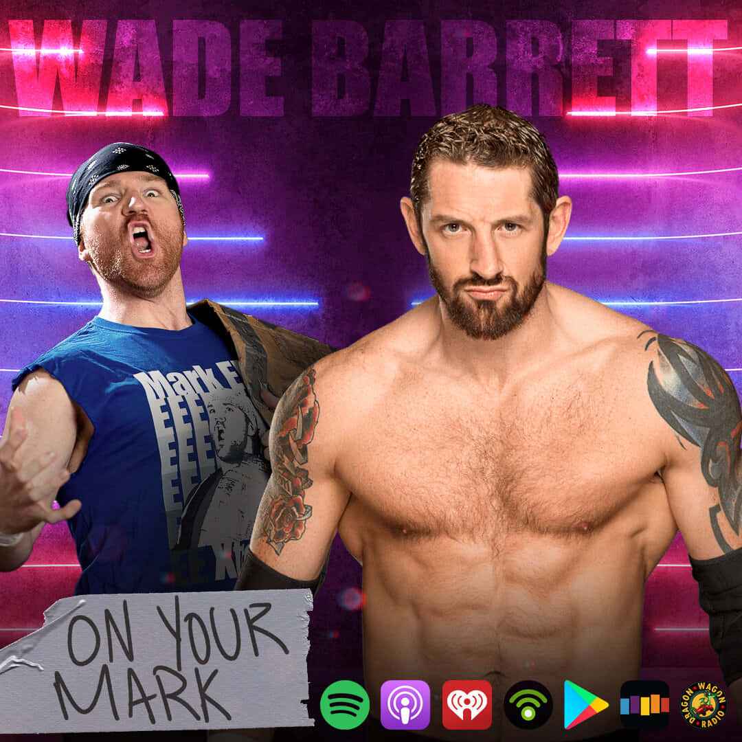 WWE 桌布 壁紙 — 兩名肌肉發達的摔角手在充滿活力的紫色霓虹燈背景下擺姿勢，背景有發光的線條和'Wade Barrett'標題。