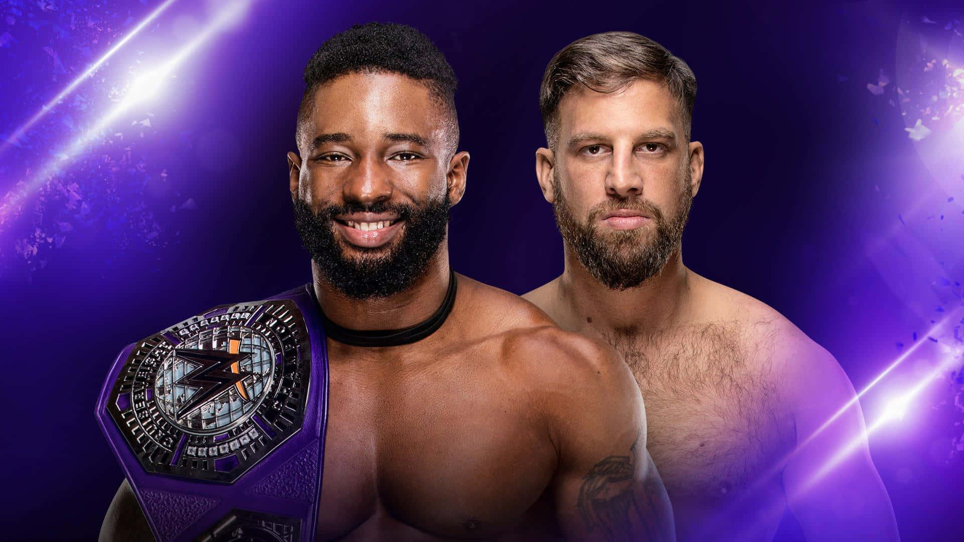 WWE 桌布 壁紙 — 兩名肌肉發達的摔角手在充滿活力的紫色背景和發光光線條紋下自信地擺姿勢，其中一人手持冠軍腰帶。
