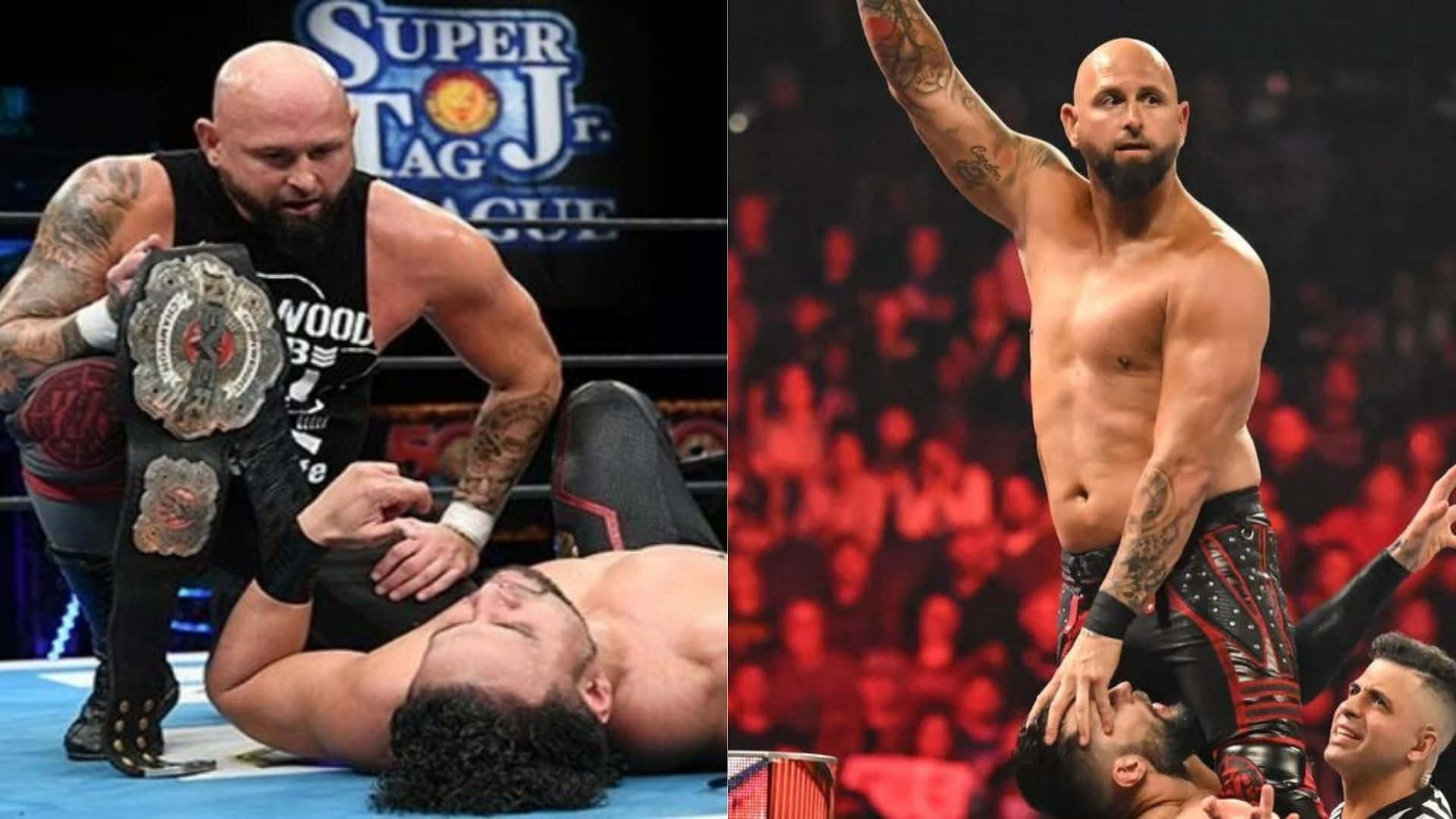 WWE 桌布 壁紙 — 兩名肌肉發達的摔角手在擂台上，一人將冠軍腰帶高舉在倒下的對手之上，另一人則以勝利姿勢舉起對手。