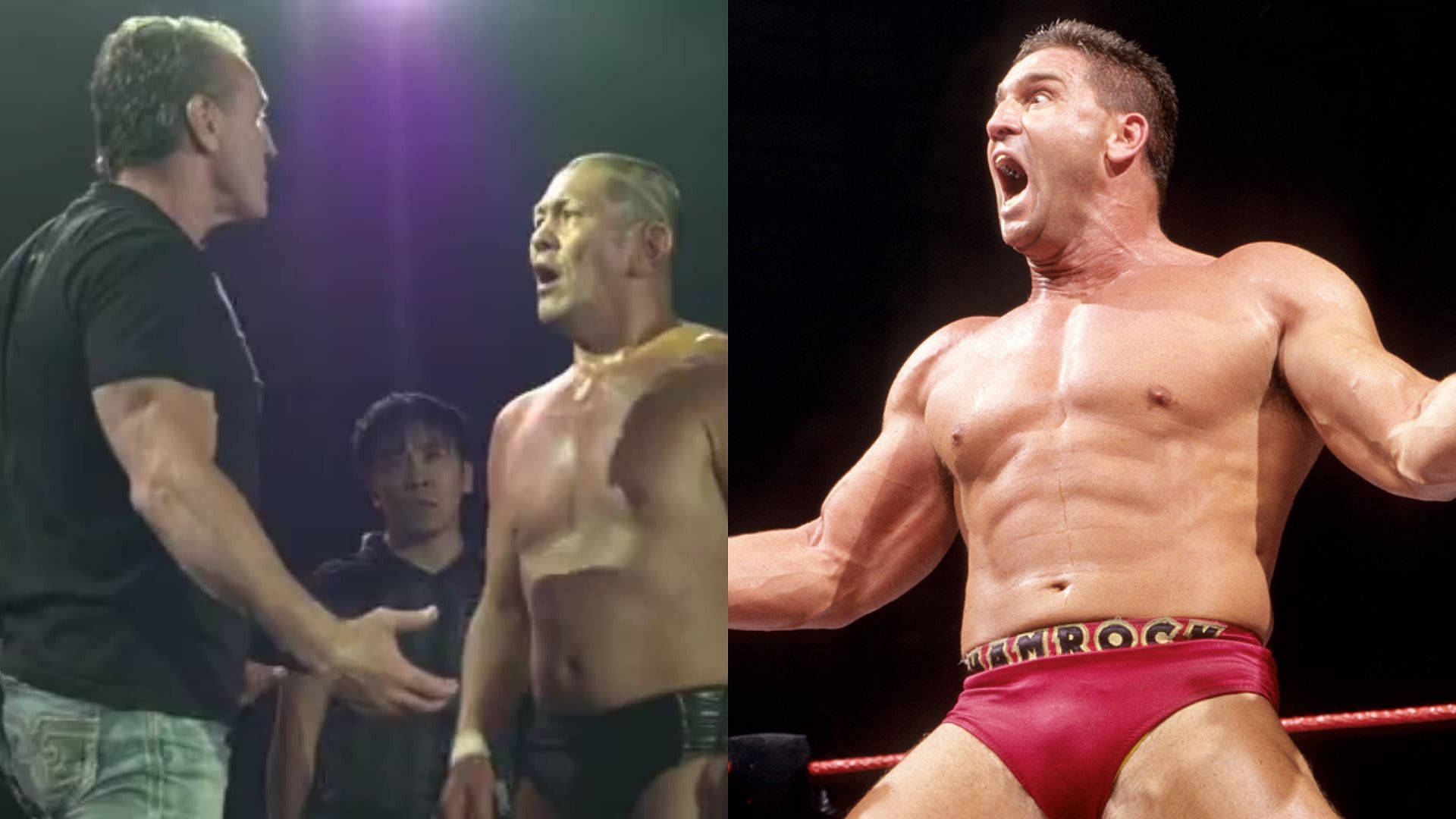 WWE 桌布 壁紙 — 兩名肌肉發達的摔角手在擂台上對峙，而第三名男子在戲劇性的舞台燈光下激烈地做手勢。