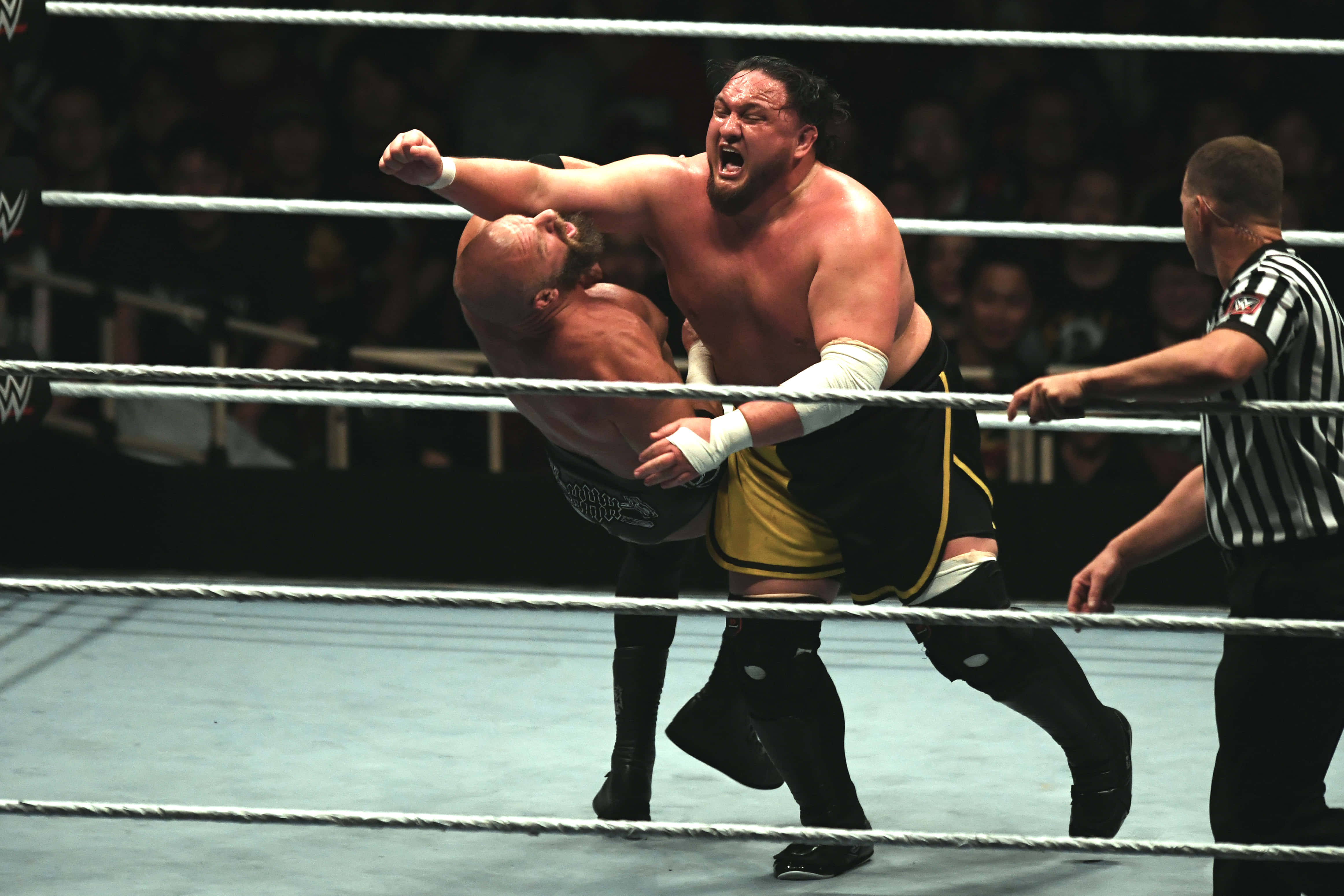 WWE 桌布 壁紙 — 兩名肌肉發達的摔角手在明亮的場館燈光下於擂台上激烈纏鬥，裁判在附近。