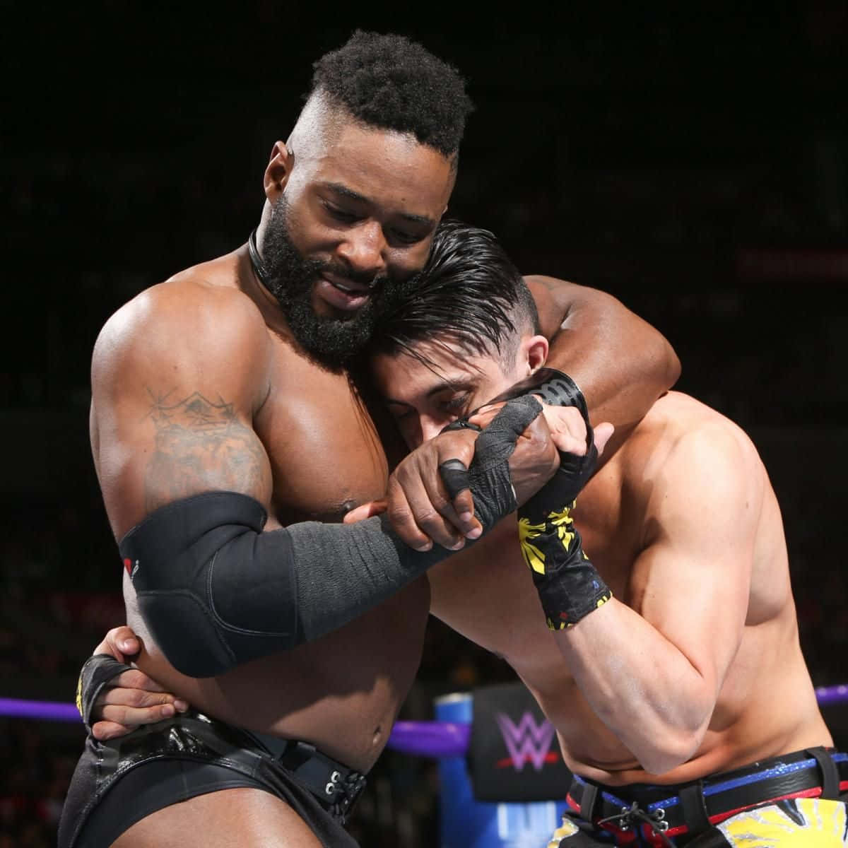 WWE 桌布 壁紙 — 兩名肌肉發達的摔角手在明亮的場館燈光下，在擂台上激烈纏鬥，背景是模糊的人群。