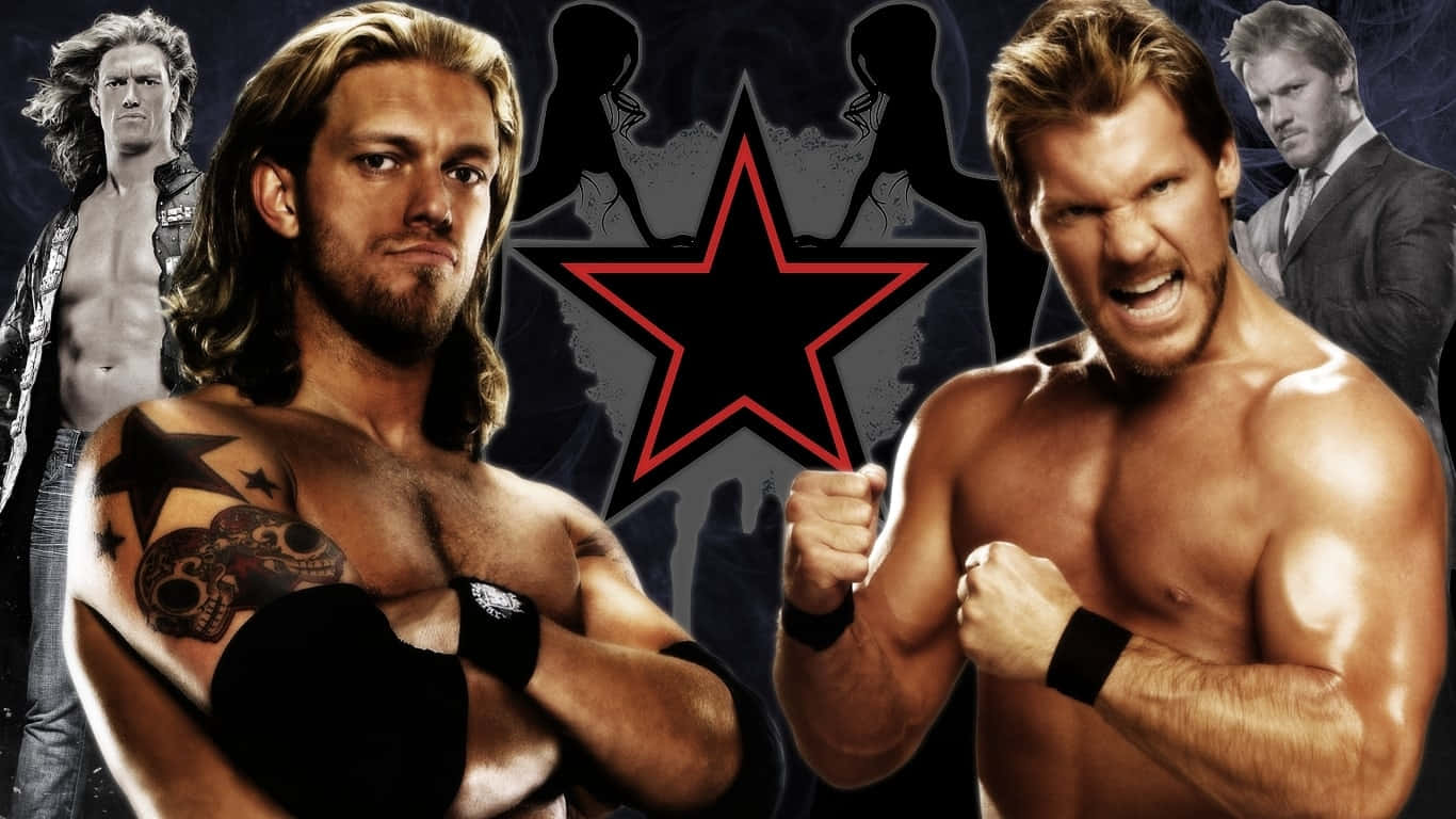 WWE 桌布 壁紙 — 兩名肌肉發達的摔角手在深色背景前對峙，表情激烈，背景有紅色星星和陰影人物。