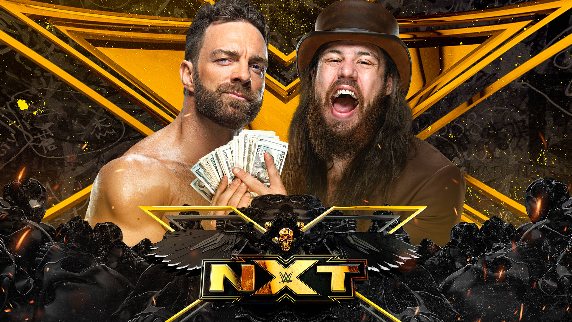 nxt 桌布 壁紙 — 兩名肌肉發達的摔角手在火焰金色NXT標誌背景下，手持金錢和骷髏頭，擺出戲劇性的姿勢。