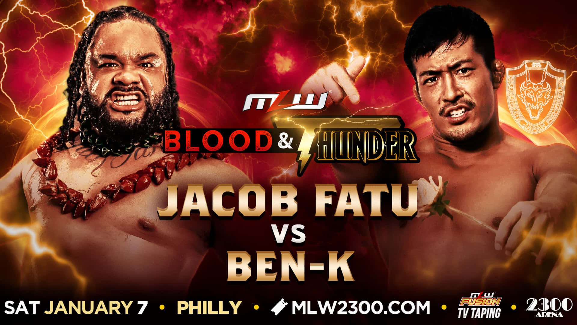 WWE 桌布 壁紙 — 兩名肌肉發達的摔角手在火焰閃電背景下激烈對視，宣傳一場Blood & Thunder比賽。