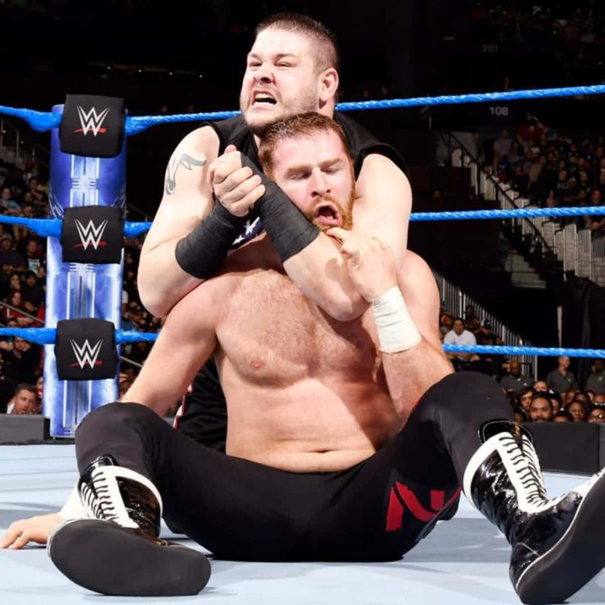 WWE 桌布 壁紙 — 兩名肌肉發達的摔角手在燈光明亮的擂台上激烈纏鬥，擂台有藍色繩索和WWE標誌，觀眾在觀看。