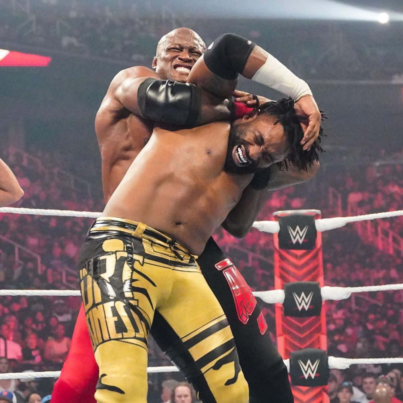 WWE 桌布 壁紙 — 兩名肌肉發達的摔角手在燈光明亮的擂台上激烈纏鬥，背景是喧囂的人群。