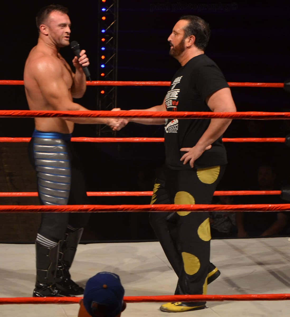 WWE 桌布 壁紙 — 兩名肌肉發達的摔角手在燈光明亮的擂台上握手，擂台有紅色繩索和色彩繽紛的舞台燈光在他們身後。
