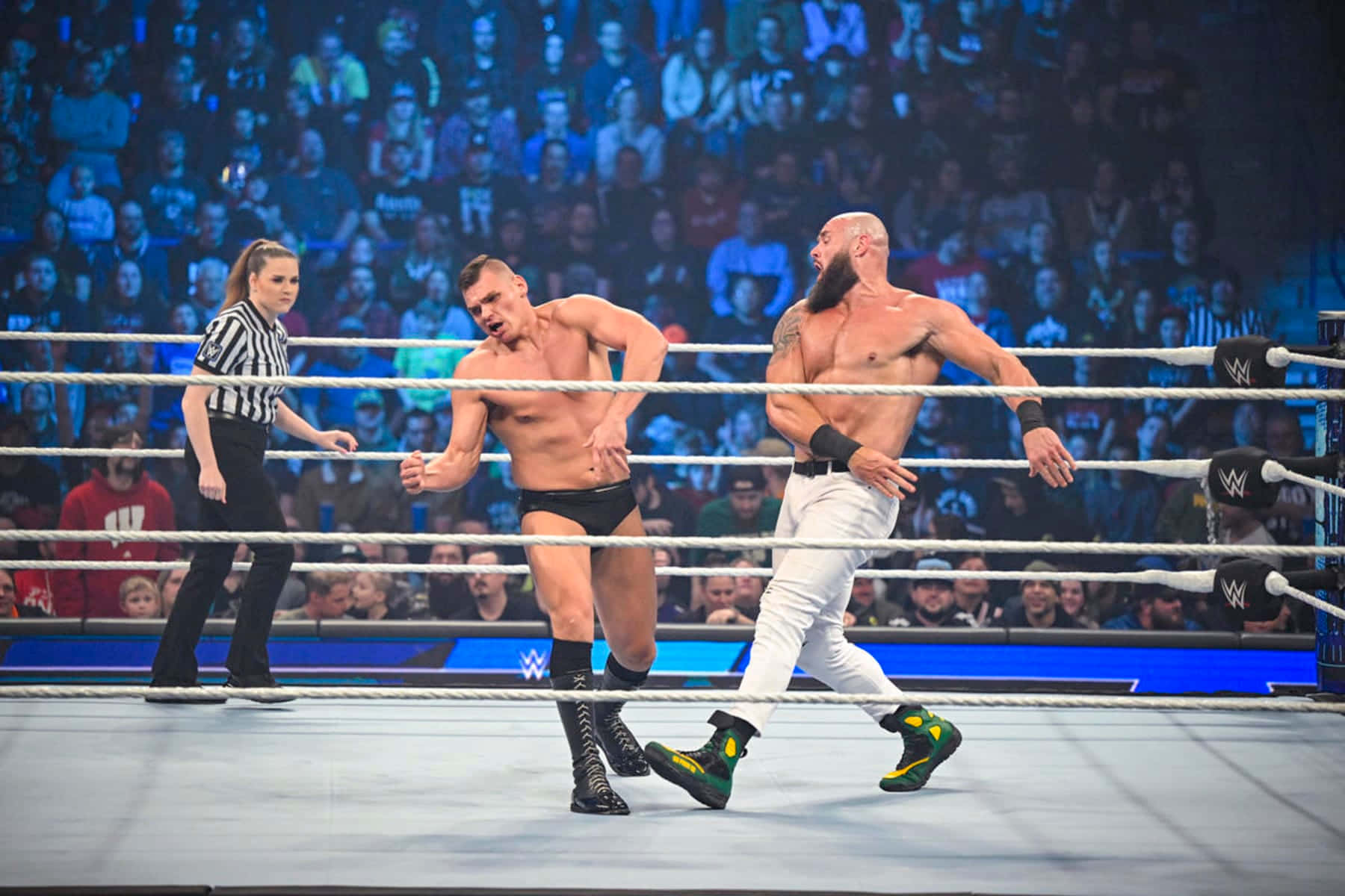 WWE 桌布 壁紙 — 兩名肌肉發達的摔角手在燈火通明的擂台上激烈交鋒，裁判在觀眾的喧囂燈光下注視著他們。