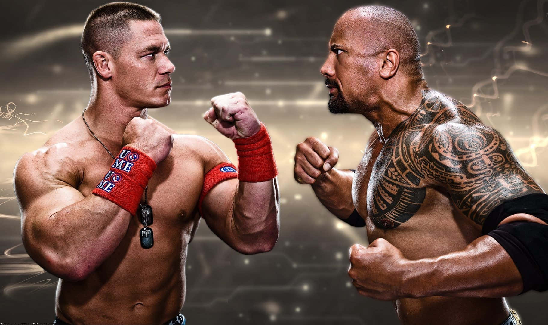 The Rock 桌布 壁紙 — 兩名肌肉發達的摔角手在緊張的對峙中，身後帶有發光能量效果。