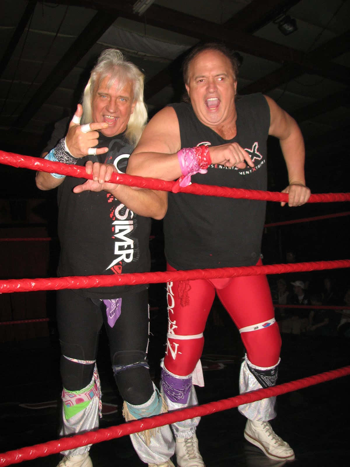 Ricky Morton 桌布 壁紙 — 兩名肌肉發達的摔角手身穿黑色和紅色裝備，在明亮的燈光下，於紅色繩索的摔角場內擺出挑釁姿勢。