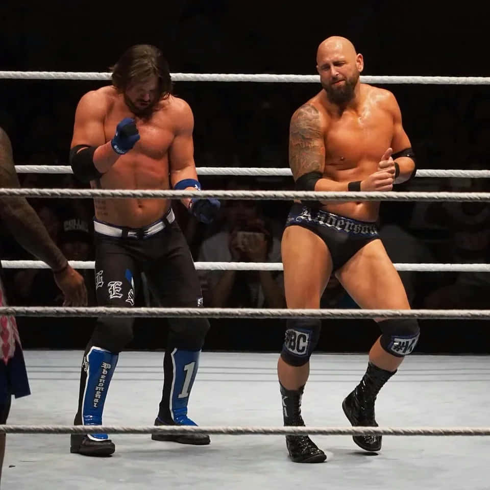 WWE 桌布 壁紙 — 兩名肌肉發達的摔角手身穿黑色裝備，在有繩索和觀眾的燈光擂台上對峙。
