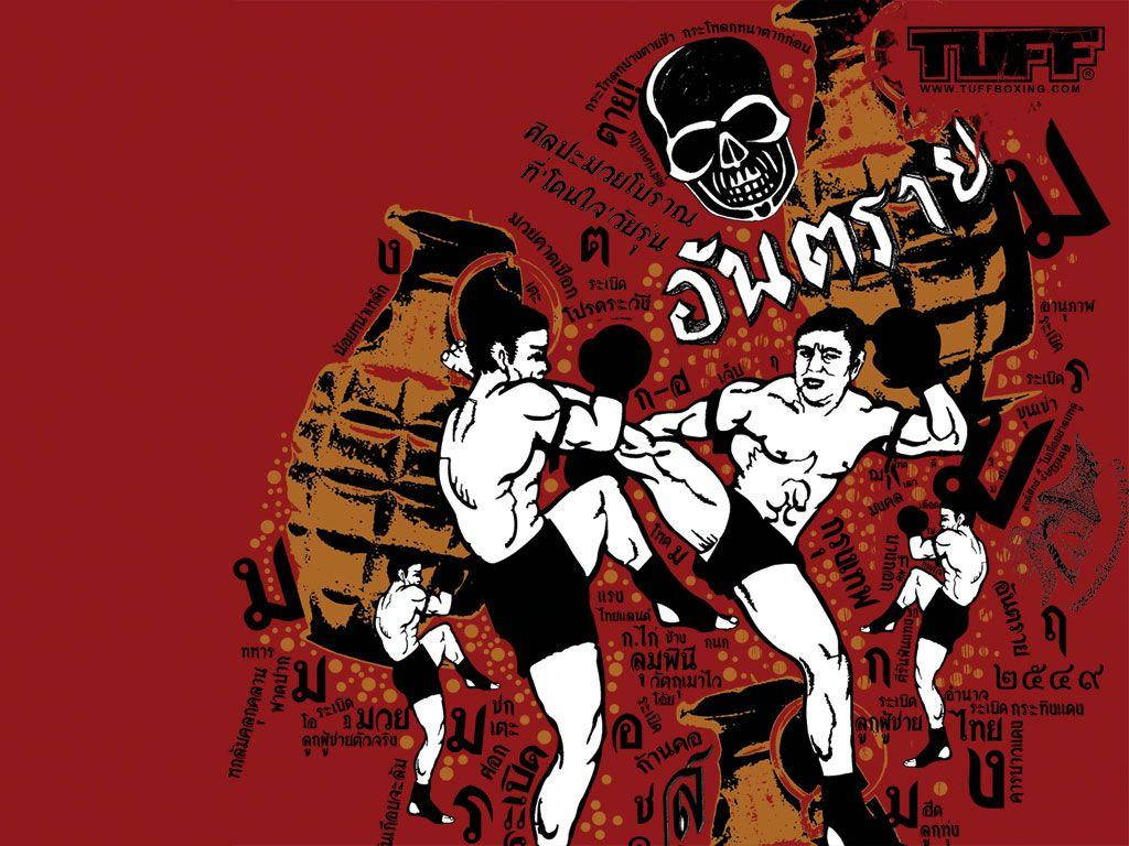 Boxing 桌布 壁紙 — 兩名肌肉發達的泰拳拳手在一個大膽的紅色背景上，以骷髏頭和泰文文字為襯托，進行動態的黑白插圖對決。