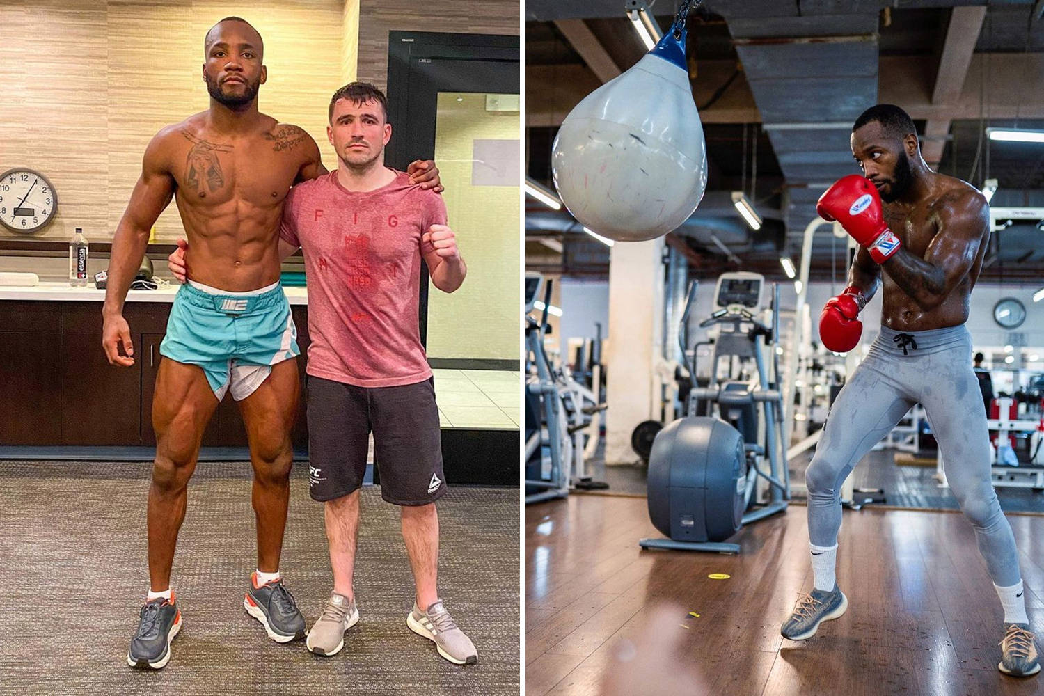 Champion 桌布 壁紙 — 兩名肌肉發達的男子在健身房自信地擺姿勢，一人與教練站在一起，另一人戴著紅色手套在沙包旁打拳。