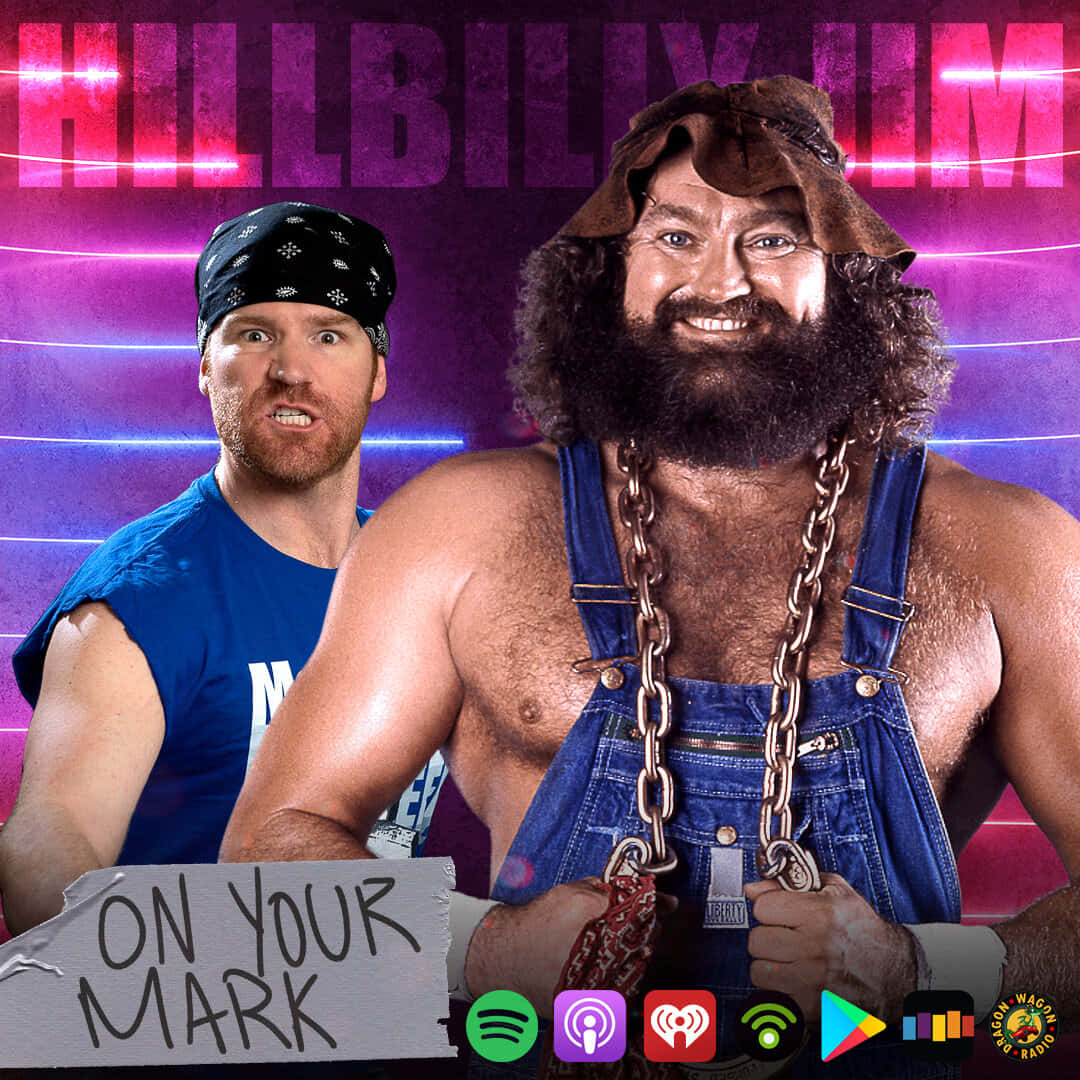 Hillbilly Jim 桌布 壁紙 — 兩名肌肉發達的男子身穿摔角裝備，在霓虹燈照亮的紫色背景前擺姿勢，上面有「HILLBILLY HIM」文字。