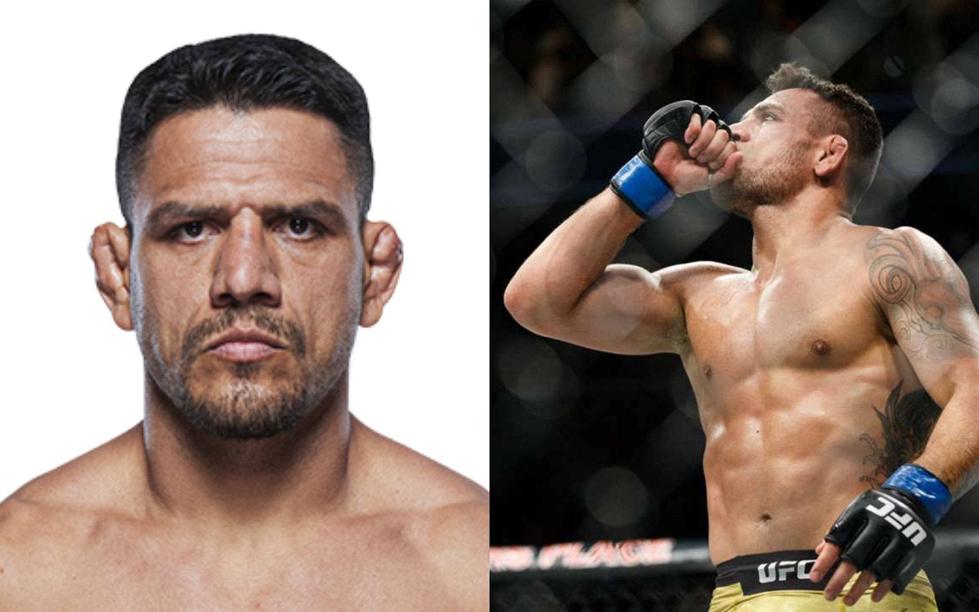 MMA 桌布 壁紙 — 兩名肌肉發達的男性MMA拳手，一位在工作室肖像中，另一位在有紋身軀幹的八角籠中慶祝。