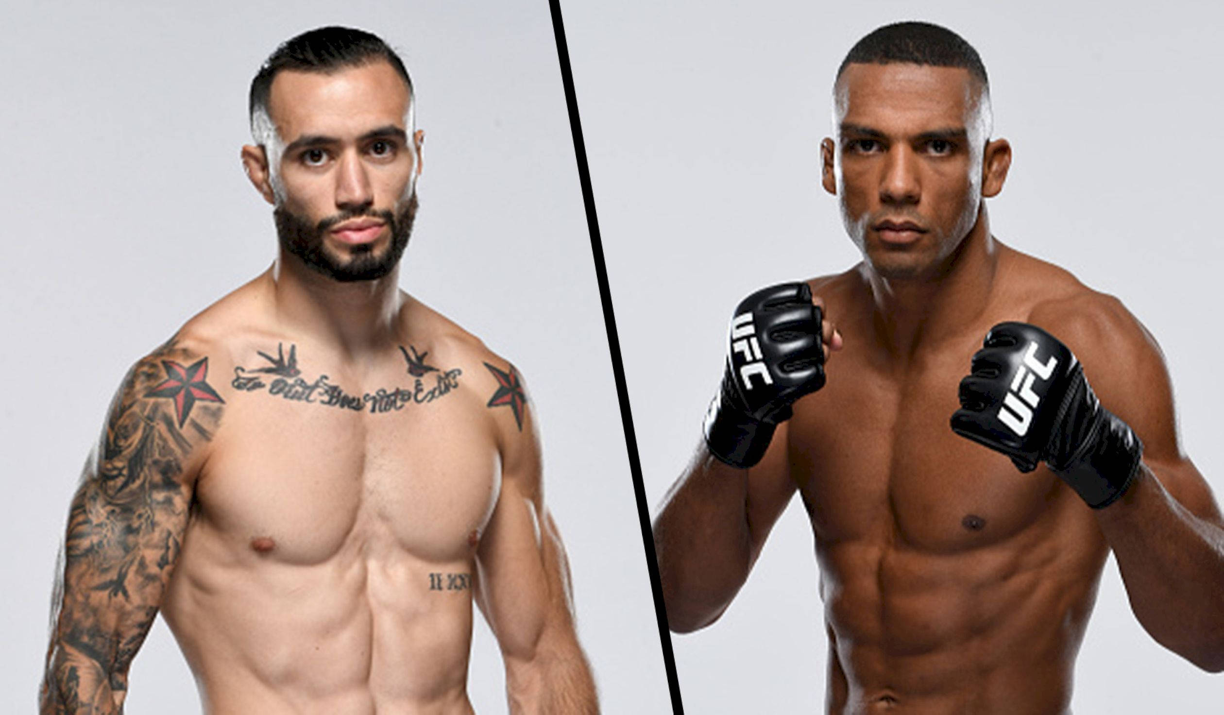 UFC 桌布 壁紙 — 兩名肌肉發達的男性MMA拳手在灰色分割背景前激烈擺姿勢，一人有刺青，另一人戴手套。