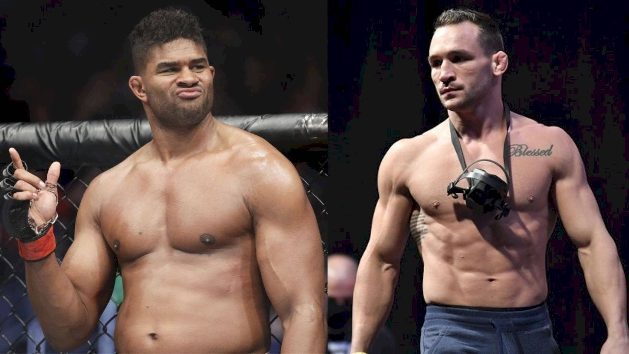 UFC 桌布 壁紙 — 兩名肌肉發達的男性MMA拳手站在八角籠中，一人微笑並指著，另一人脖子上掛著相機，表情嚴肅。
