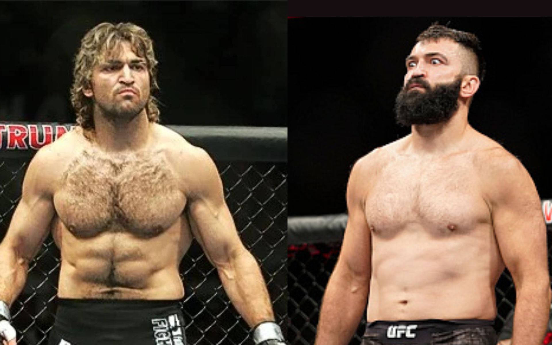 professional 桌布 壁紙 — 兩名肌肉發達的男性MMA拳手赤裸上身站在八角籠中，一人長髮，另一人留著濃密鬍鬚，兩人都專注而緊張。