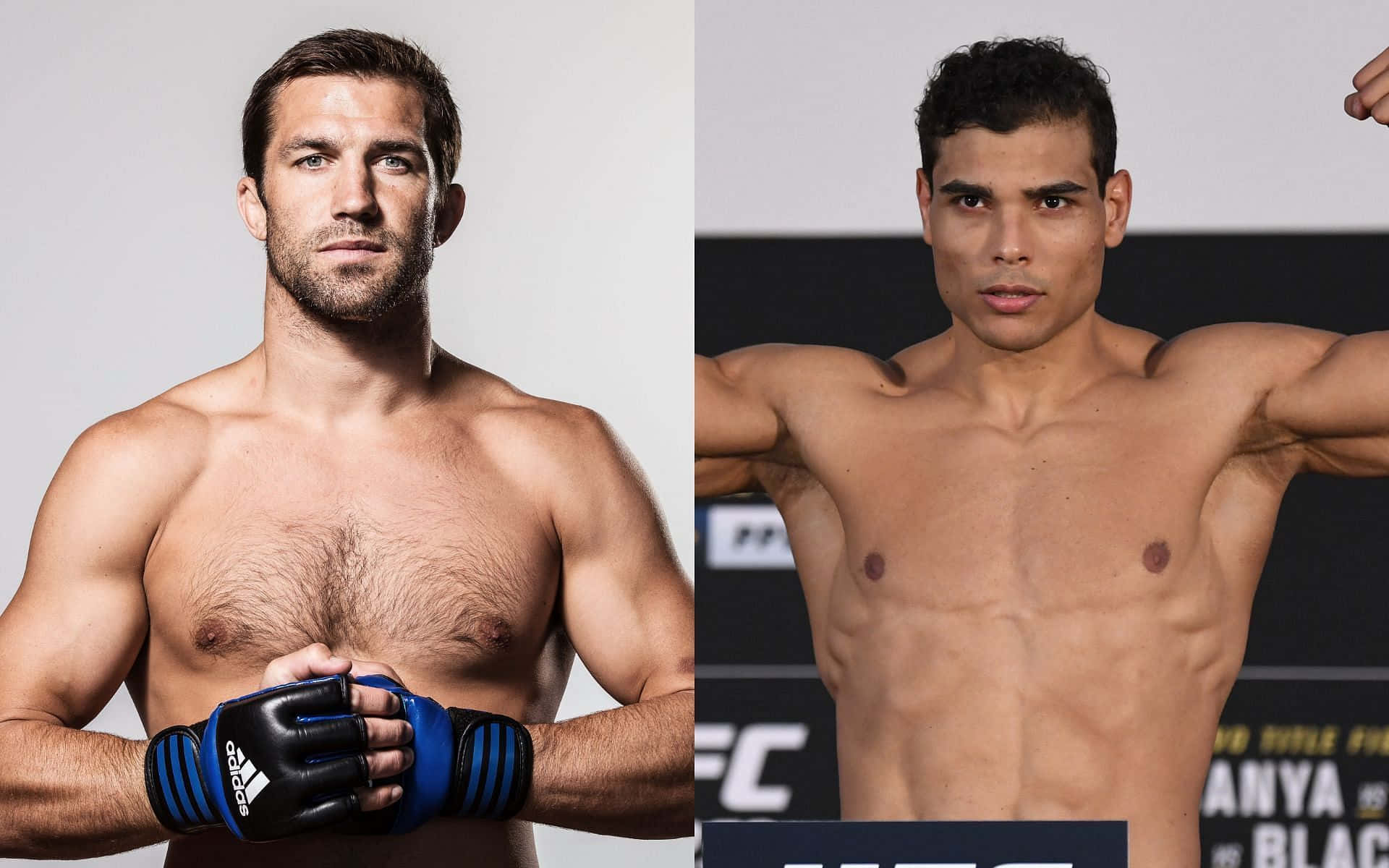 MMA 桌布 壁紙 — 兩名肌肉發達的男性MMA拳手赤裸上身擺姿勢，一人手持手套，另一人在品牌背景前繃緊肌肉。