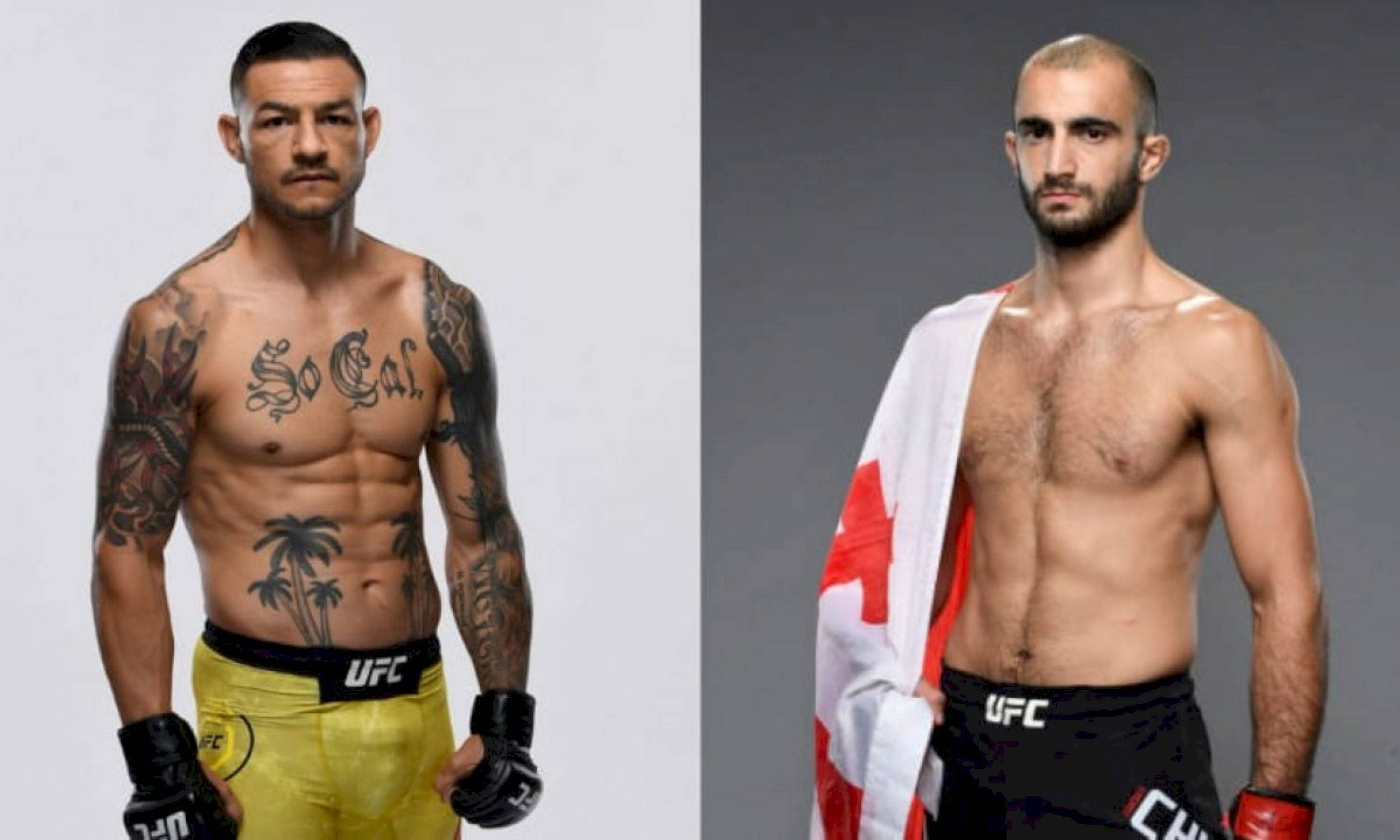 Champion 桌布 壁紙 — 兩名肌肉發達的男性MMA拳手赤裸上身擺姿勢，一人有刺青並穿黃色短褲，另一人披著加拿大國旗。