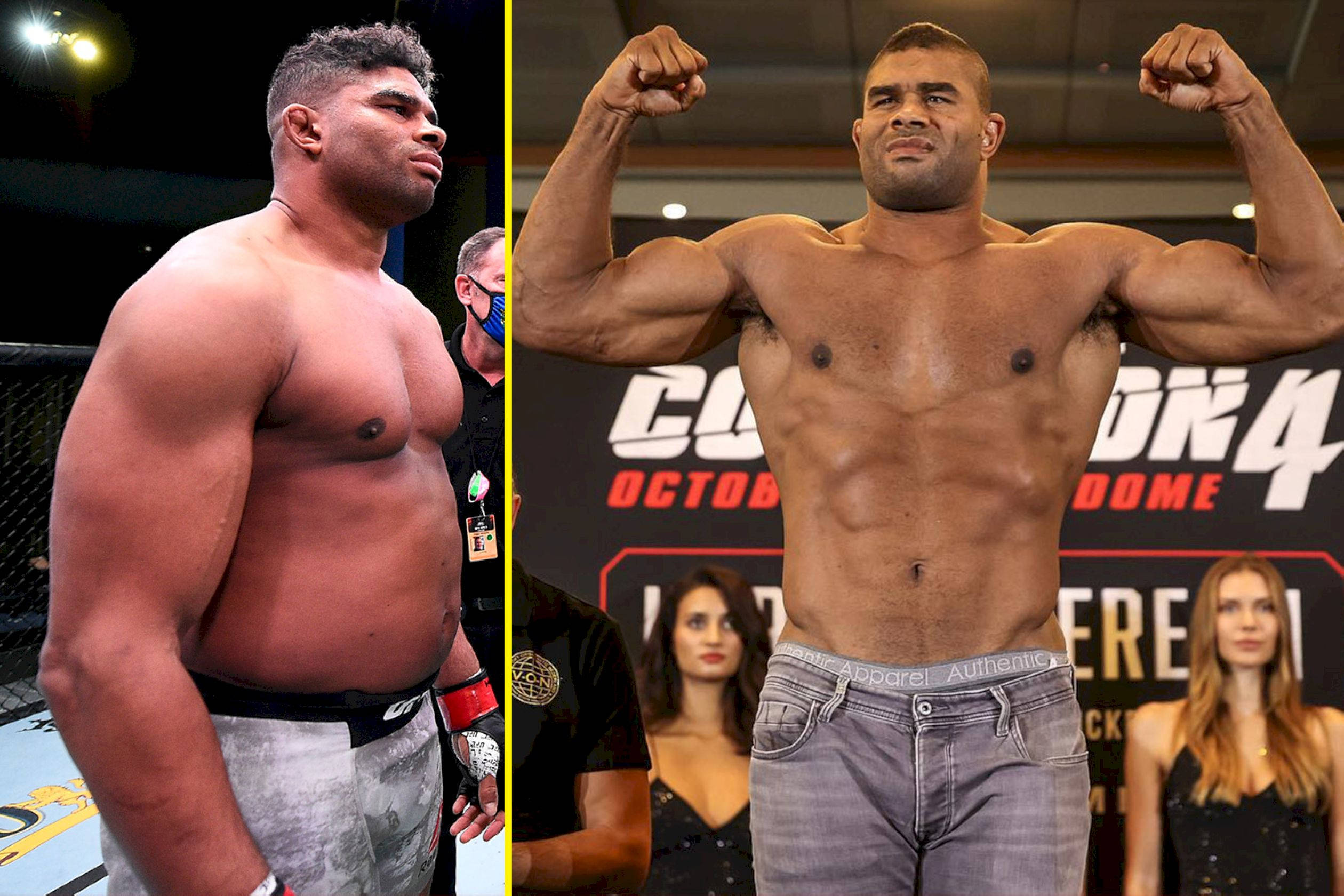 UFC 桌布 壁紙 — 兩名肌肉發達的男性拳手並肩站立，一人彎曲手臂，另一人表情嚴肅，在稱重場地中。