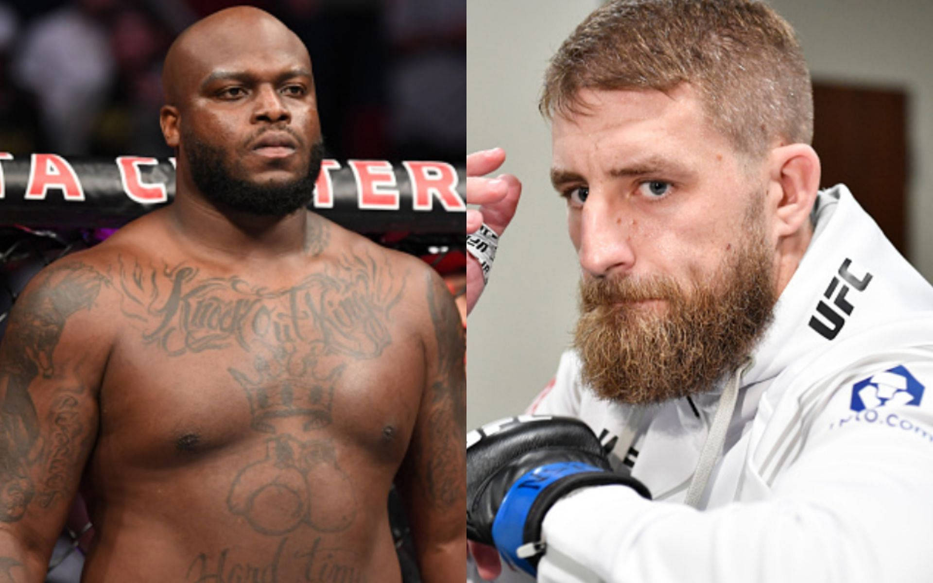 MMA 桌布 壁紙 — 兩名肌肉發達的男性拳手互相凝視，一人赤裸上身有刺青，另一人身穿UFC裝備手持手套。