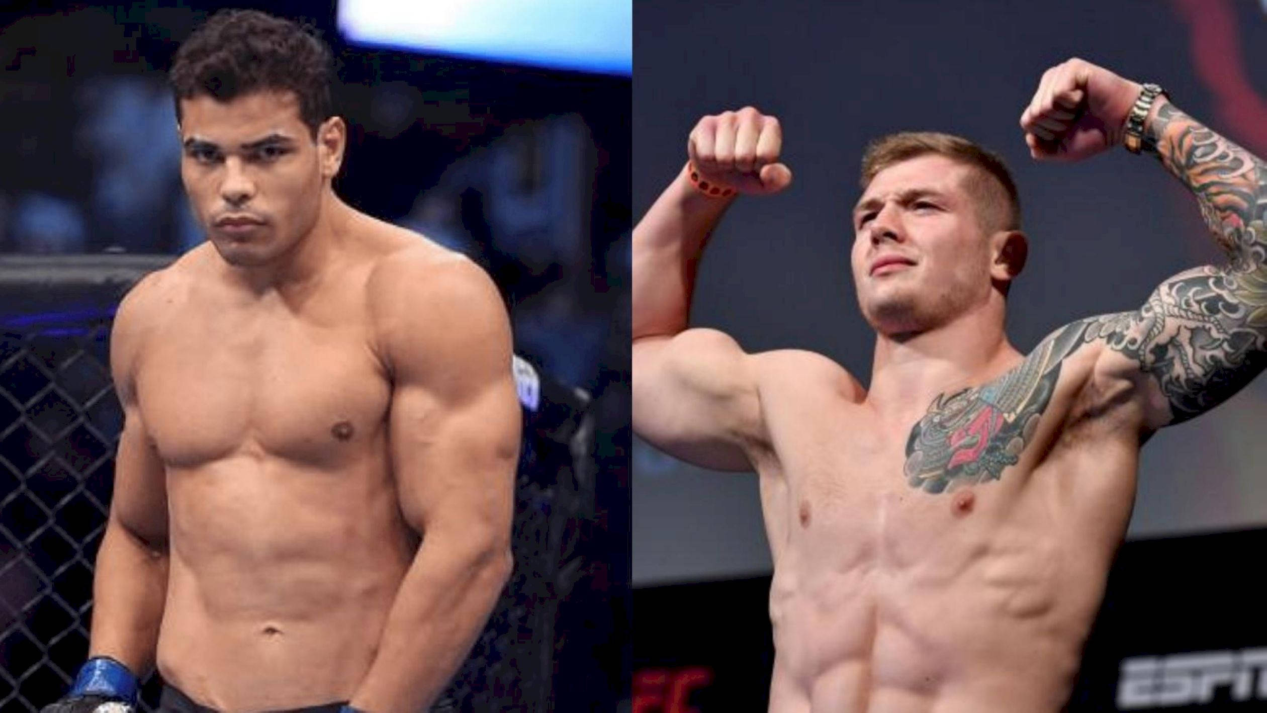 MMA 桌布 壁紙 — 兩名肌肉發達的男性拳手在MMA籠中，一人蓄勢待發，另一人舉拳慶祝勝利。