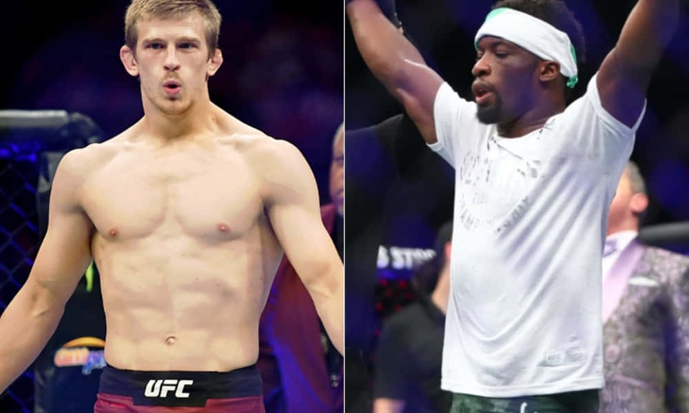 MMA 桌布 壁紙 — 兩名肌肉發達的男性拳手在UFC八角籠中，一名赤裸上身專注，另一名舉臂慶祝勝利。
