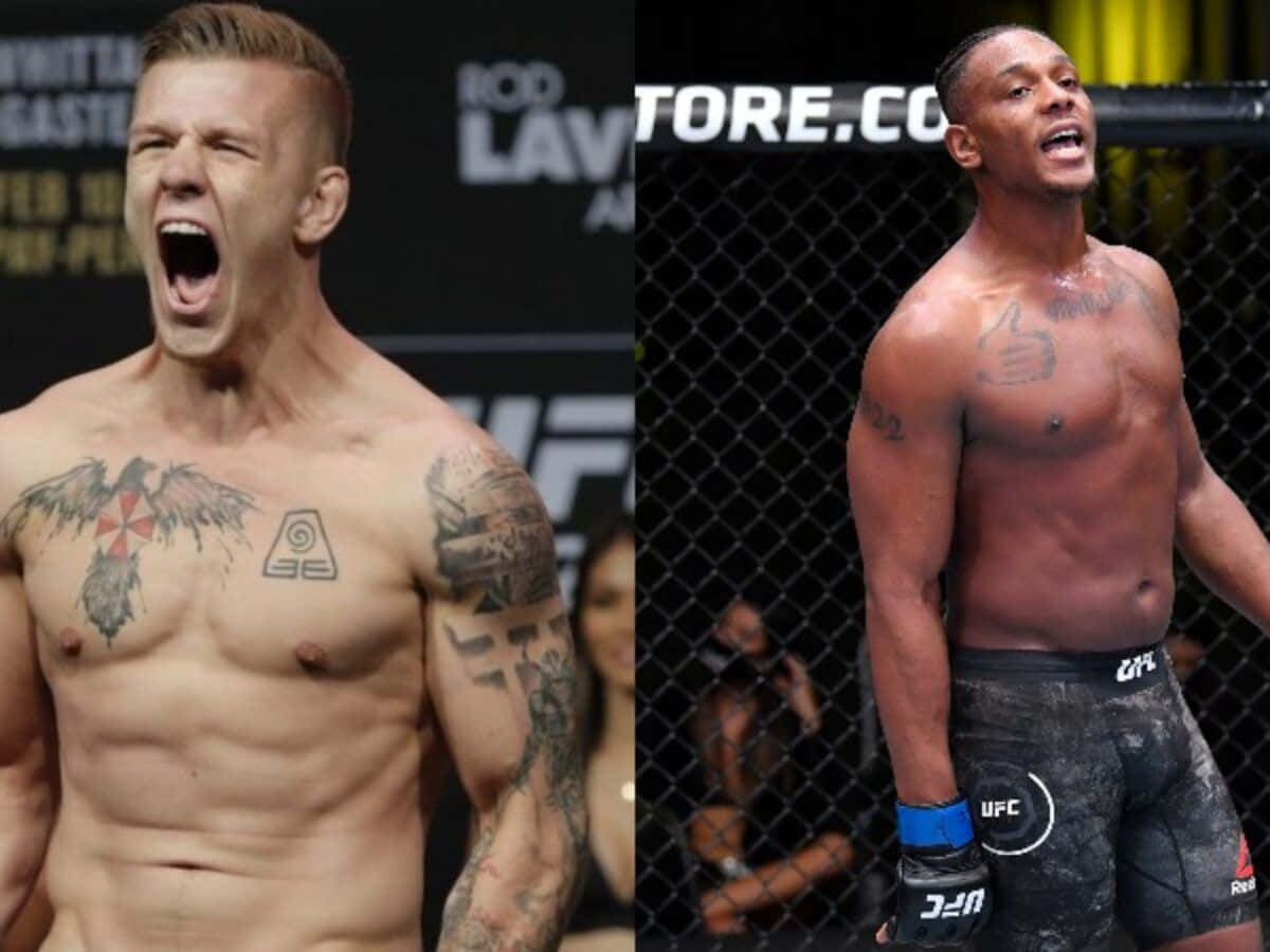 MMA 桌布 壁紙 — 兩名肌肉發達的男性拳手在UFC八角籠內勝利咆哮，身後有鐵絲網圍欄和品牌標誌。