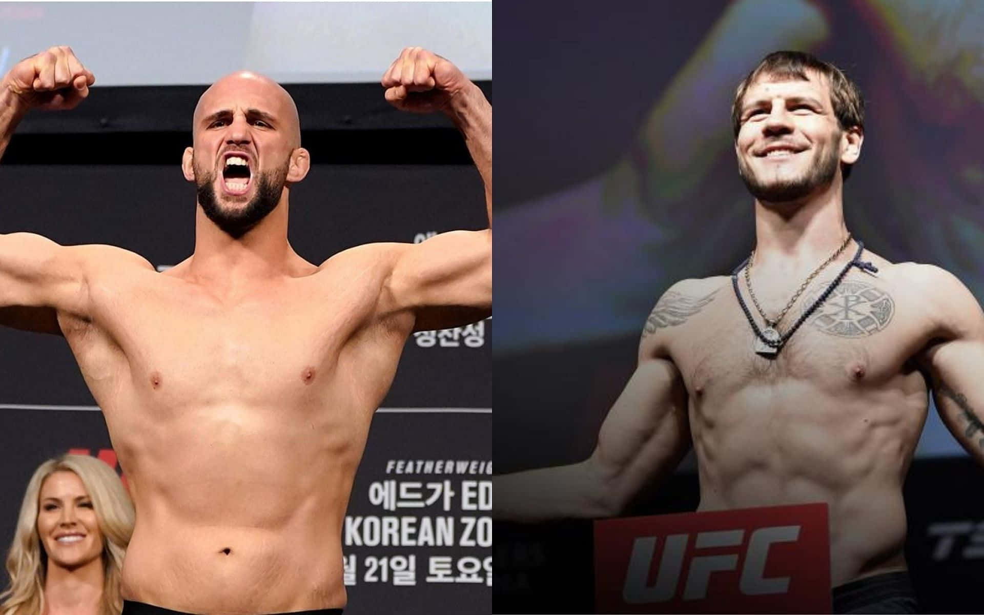 桌布 壁紙 — 兩名肌肉發達的男性拳手在UFC稱重活動中自信地展示肌肉並擺姿勢，身後有宣傳橫幅。