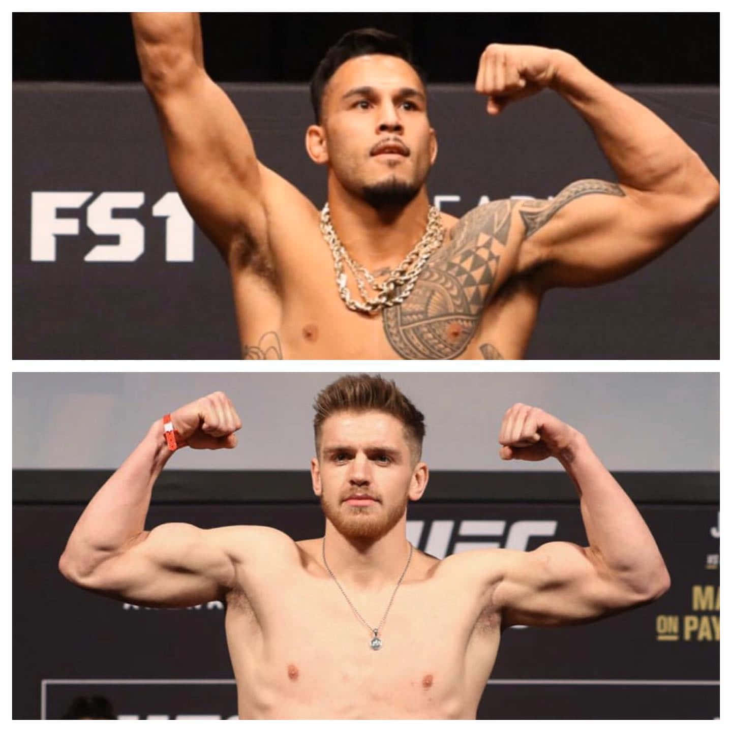 UFC 桌布 壁紙 — 兩名肌肉發達的男性拳手在帶有品牌背景的稱重台上展示二頭肌。